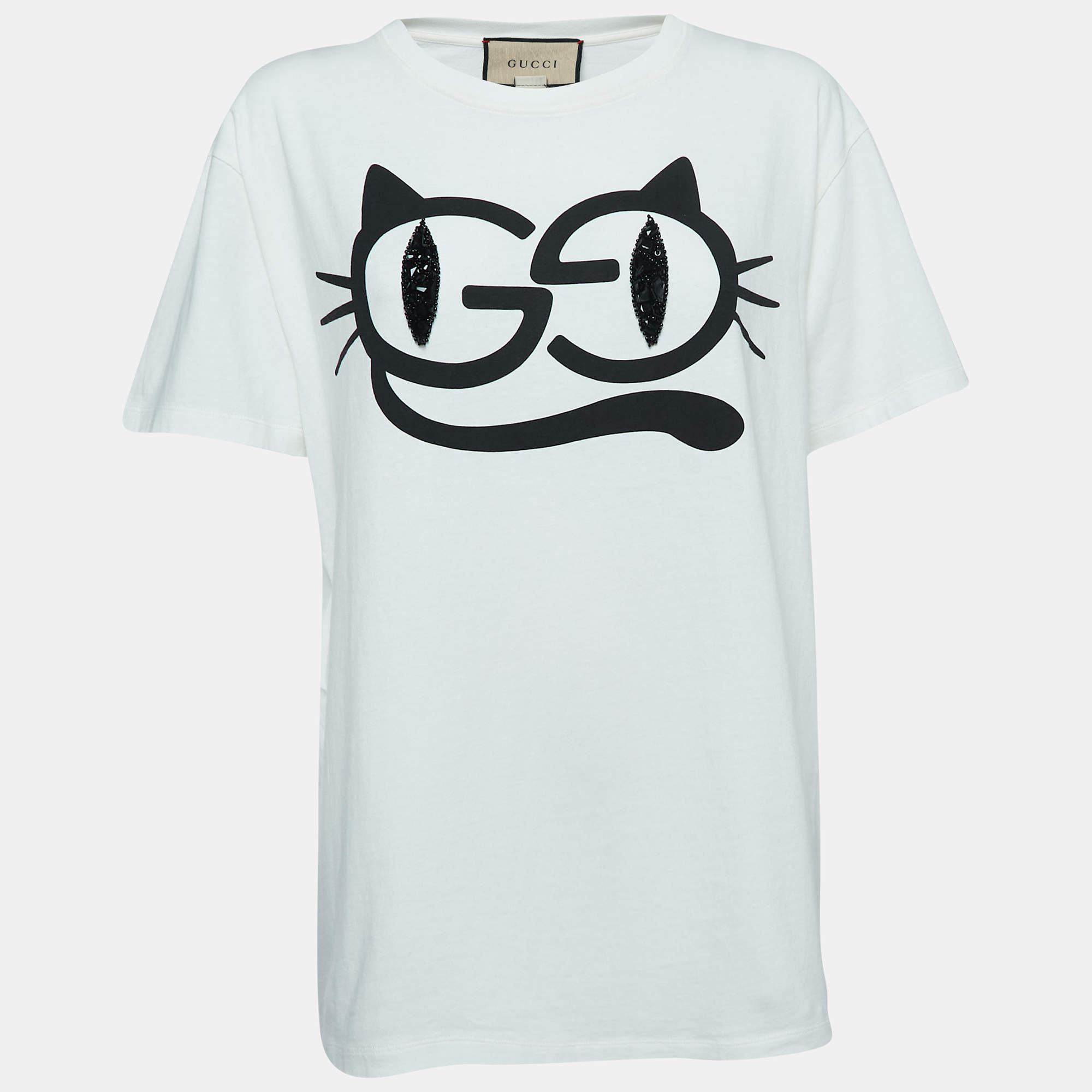 Gucci Off White Cat Eyes Print Cotton Embellished Half Sleeve T-Shirt M