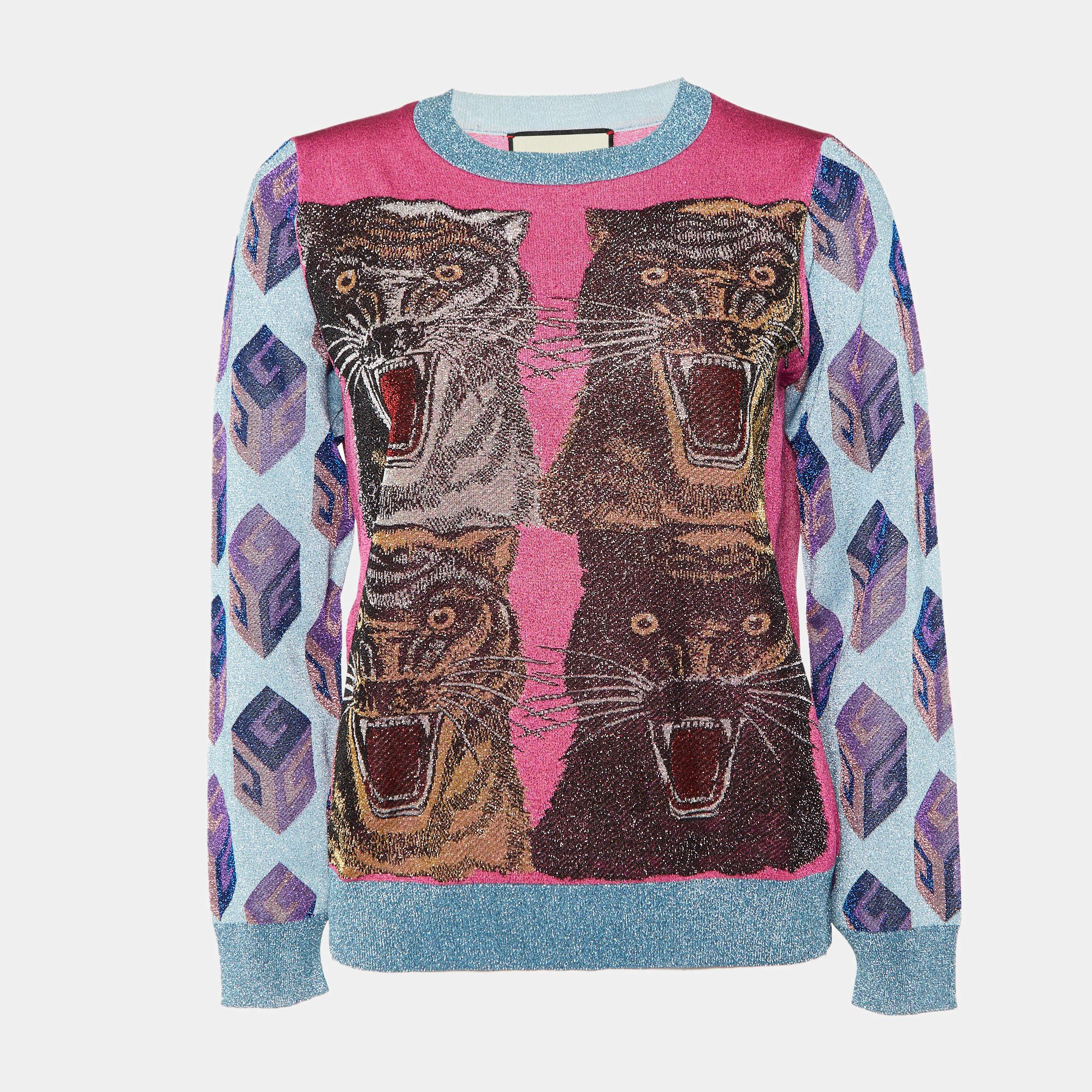Pre Owned Gucci Blue/Pink Tiger Patterned Lurex Knit Sweatshirt L