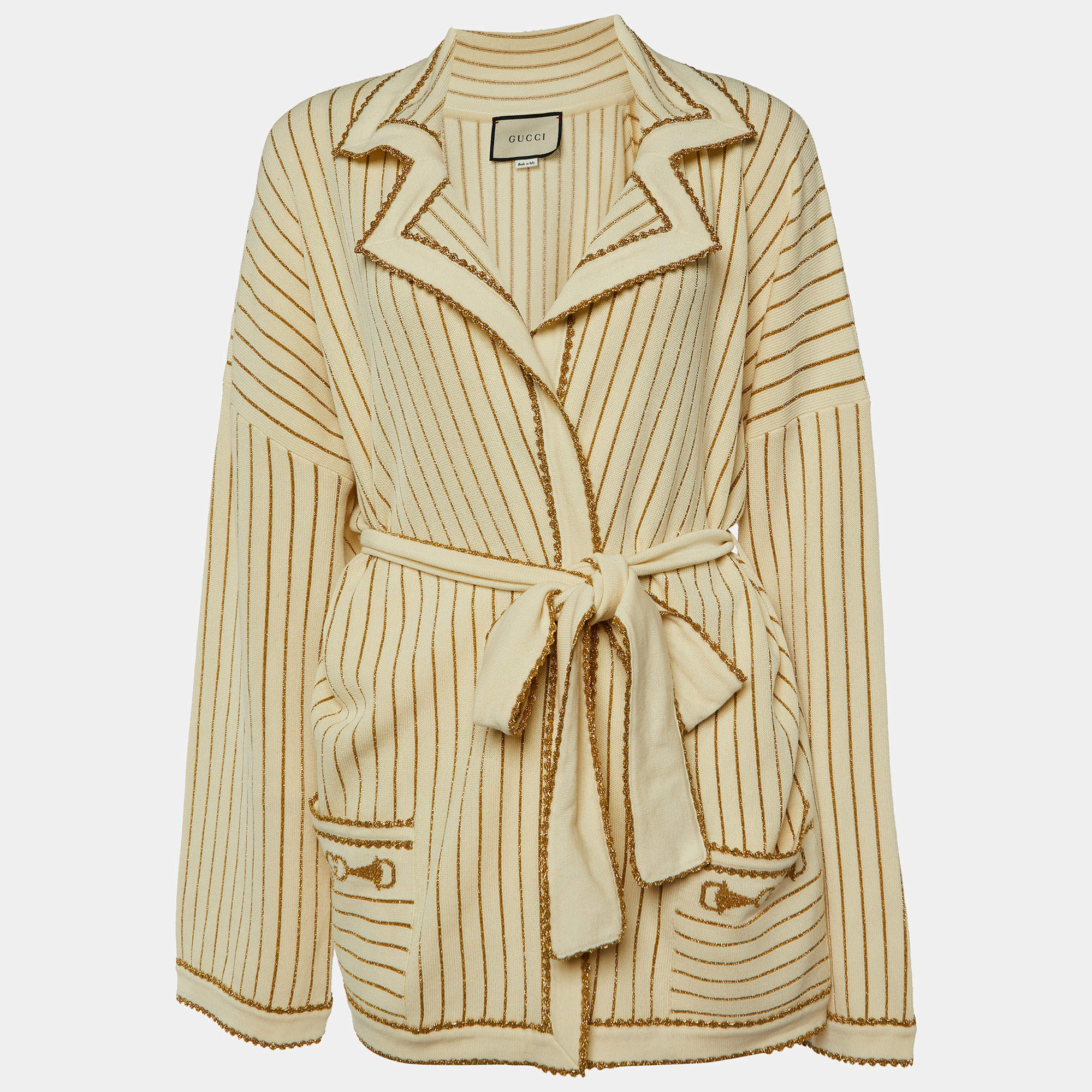 Pre Owned Gucci Cream Lurex Wool Knit Belted Cardigan L