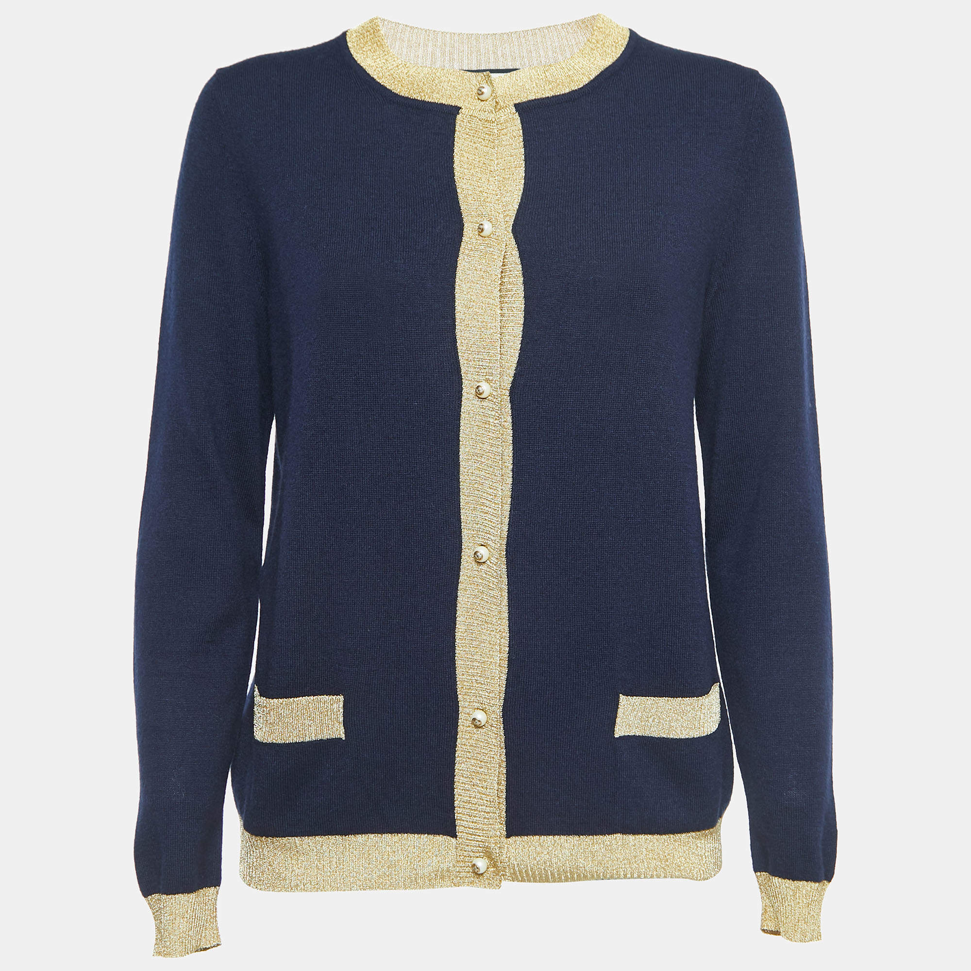 Pre Owned Gucci Navy Blue/Metallic Cashmere Buttoned Cardigan M