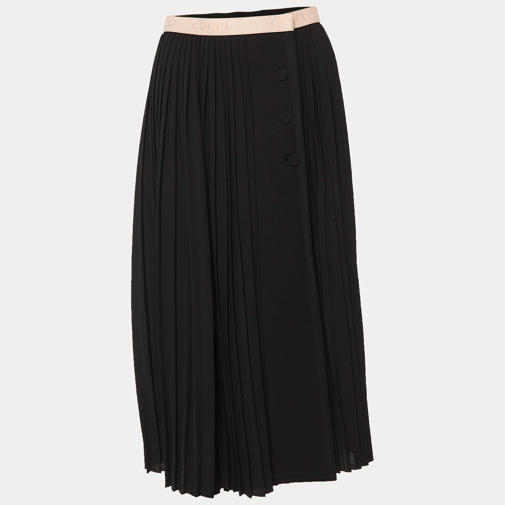 Gucci Black Plisse Crepe Contrast Waist Band Detail Midi Skirt M