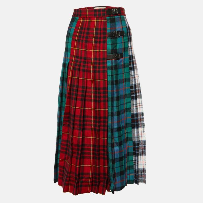 Gucci Multicolor Plaided Wool Leather Trim Pleated Midi Skirt S