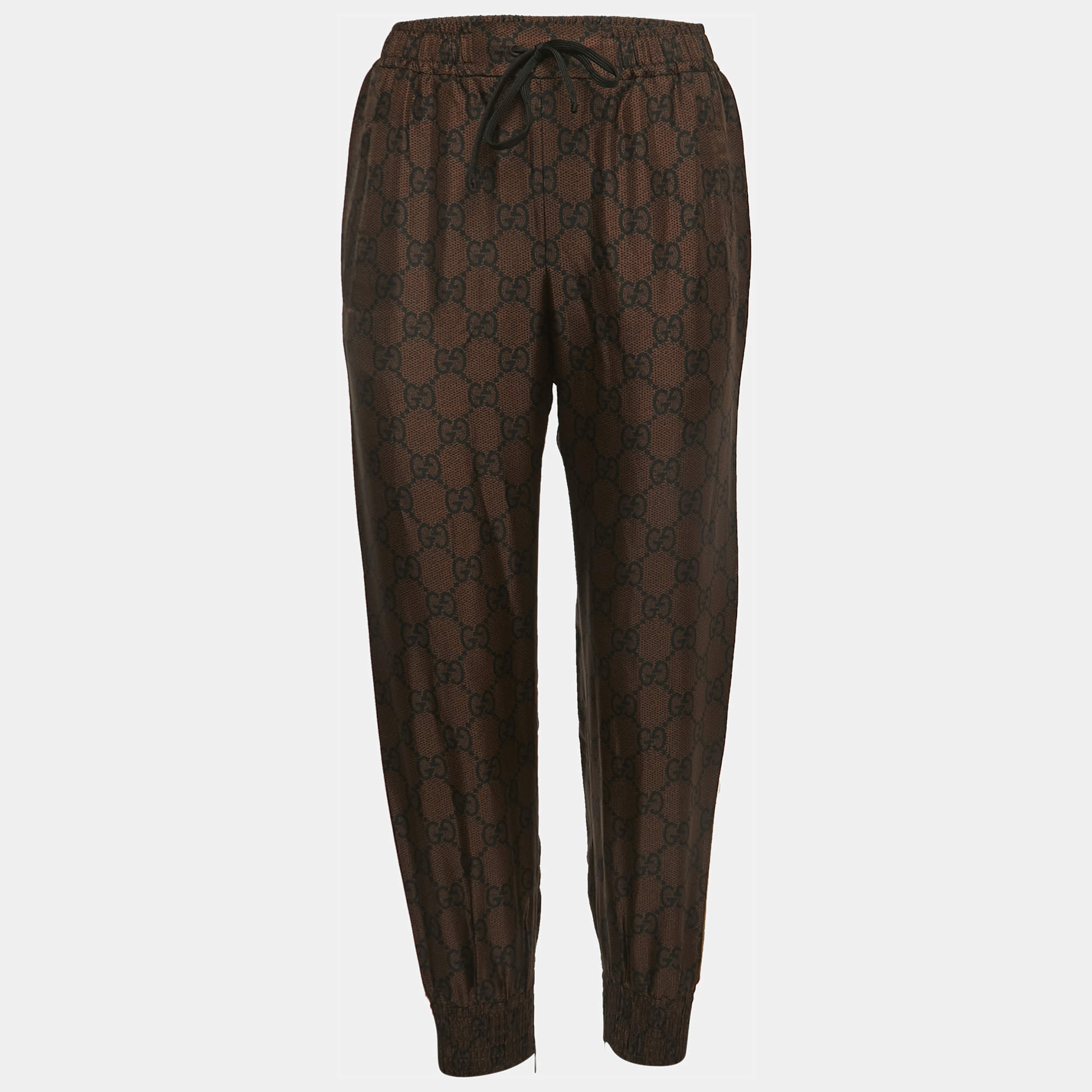 Gucci Brown Logo Print Silk Side Stripe Detailed Drawstring Joggers XS