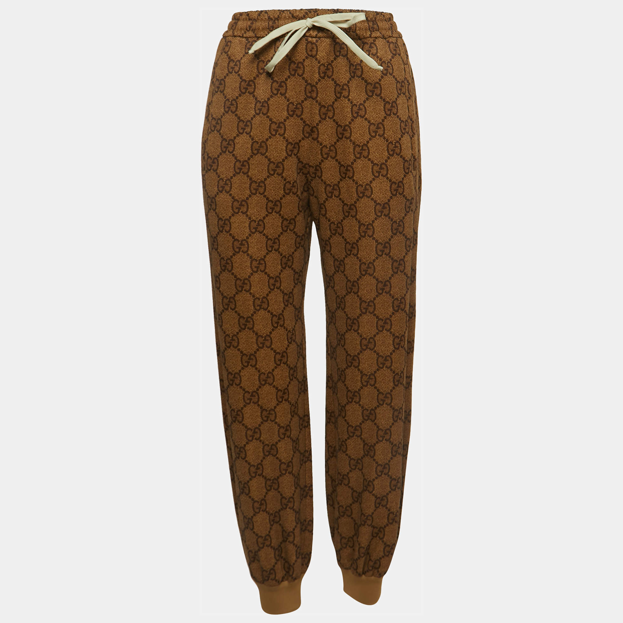 Gucci Brown Logo Print Knit Drawstring Joggers XS