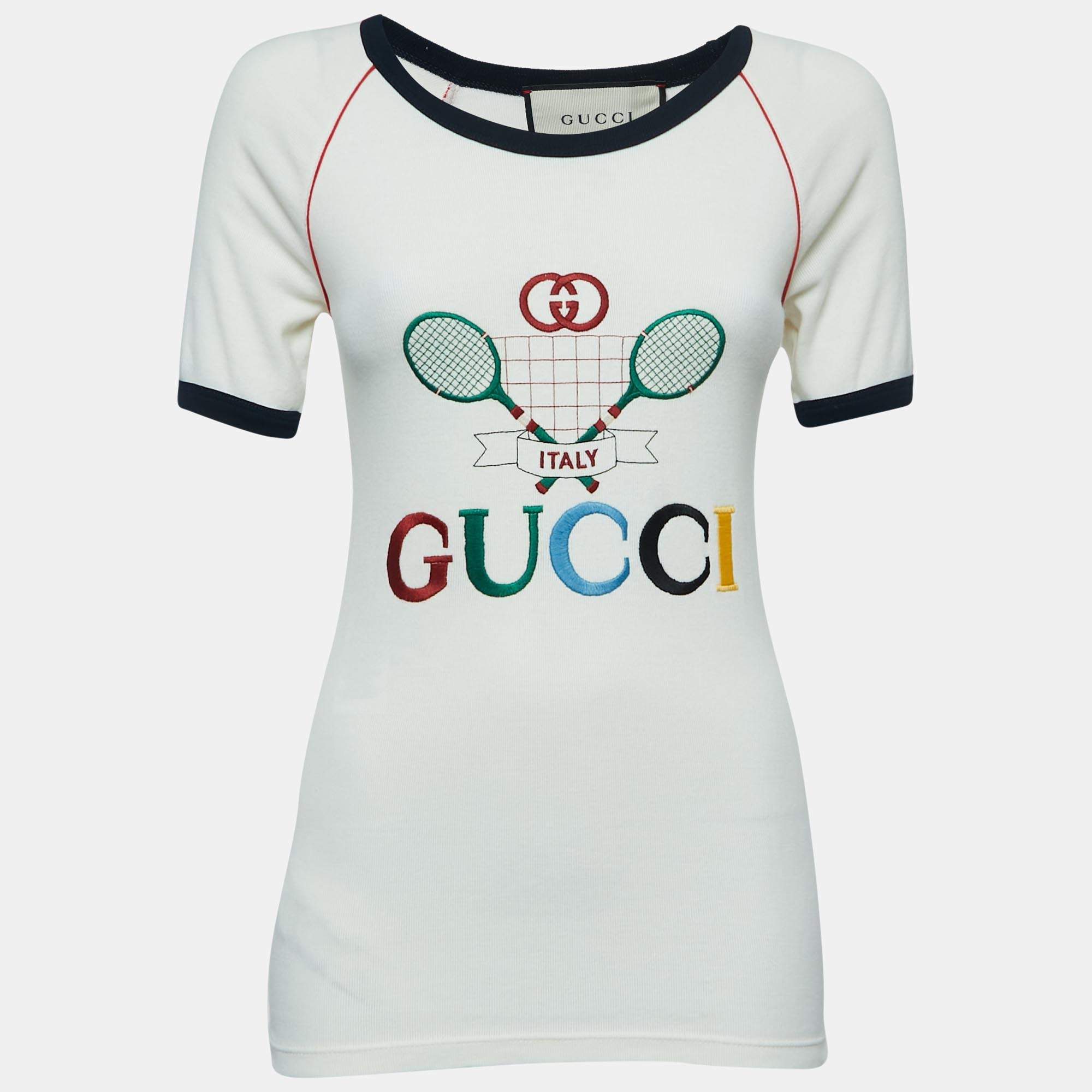 Pre Owned Gucci Cream Logo Tennis Embroidered Cotton Short Sleeve T-Shirt S