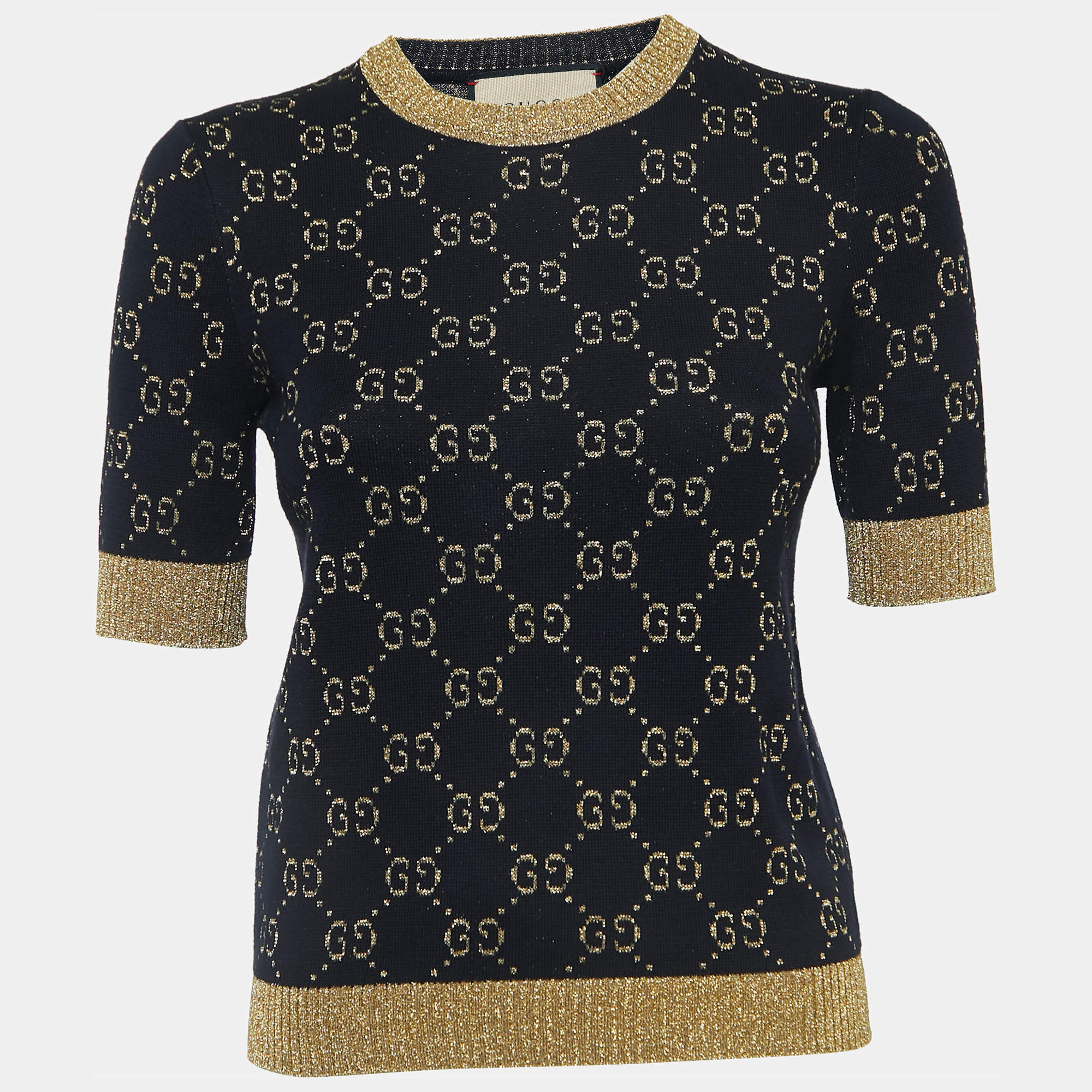 Gucci Navy Blue/Metallic GG Patterned Knit Top XS