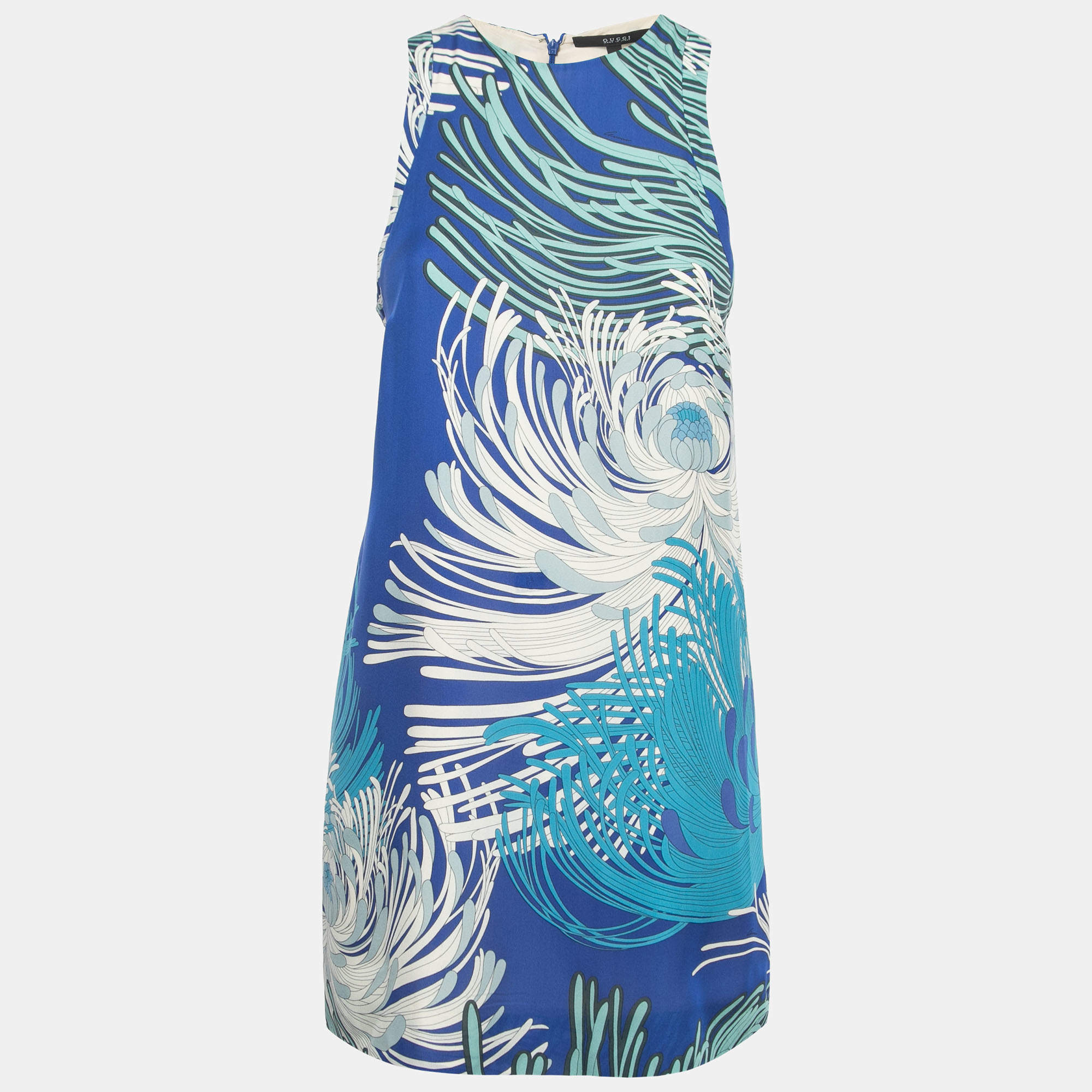 Pre Owned Gucci Blue Printed Silk Sleeveless Mini Dress S