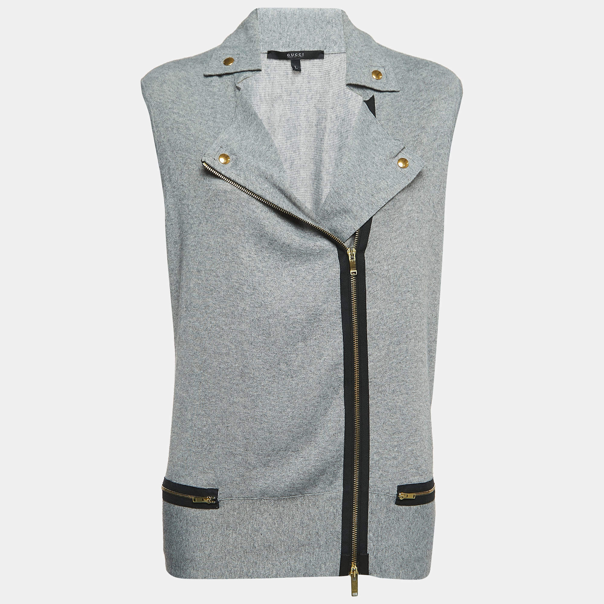 Gucci Grey Knit Zip Front Sleeveless Cardigan L