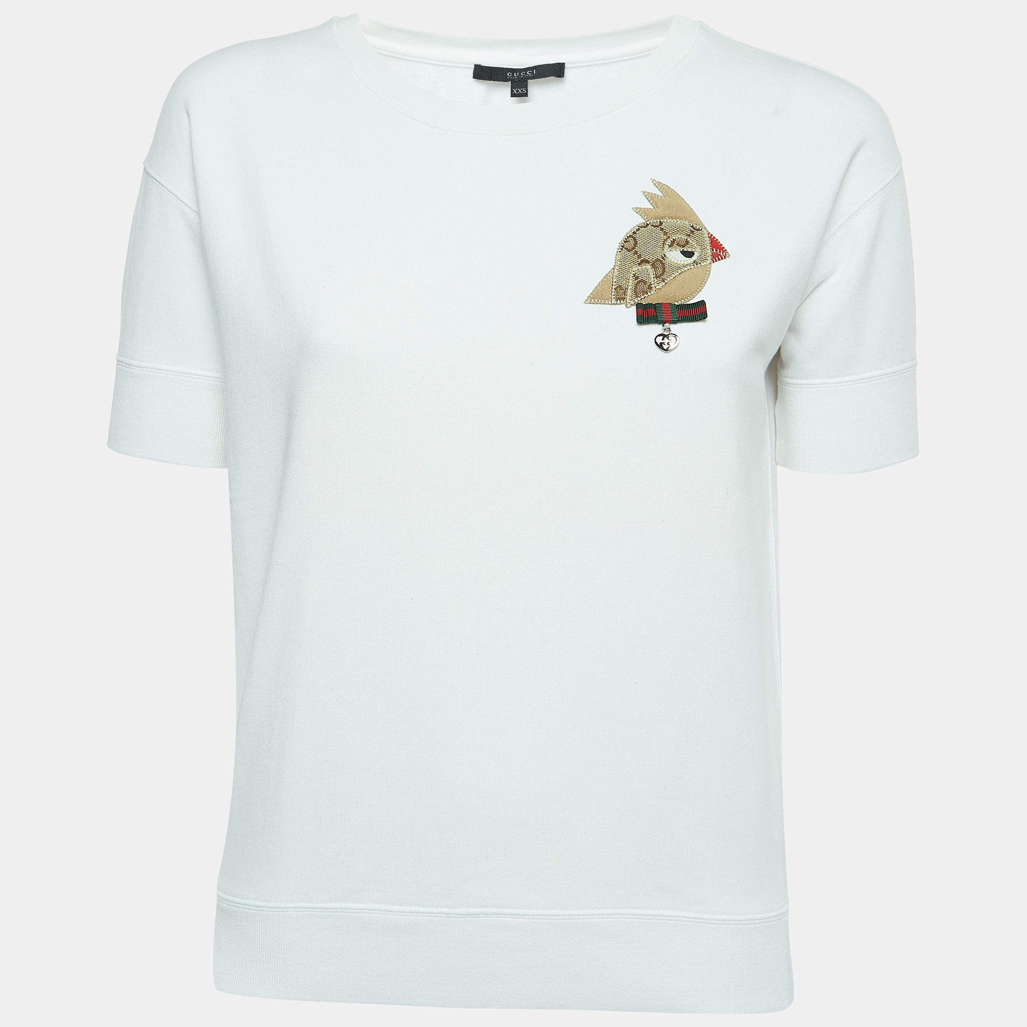 Pre Owned Gucci White Knit Bird Applique Half Sleeve Sweatshirt XXS
