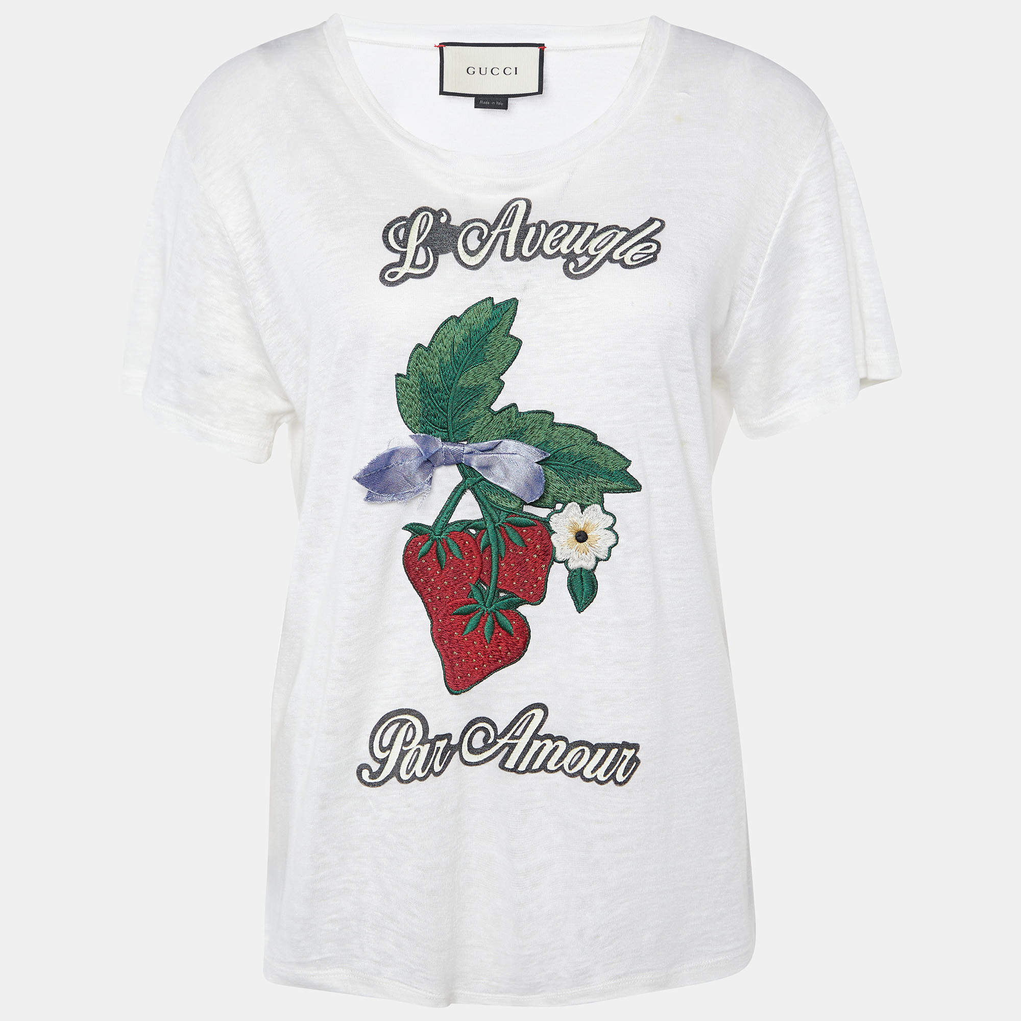 Gucci White Linen Knit Embroidered Detail T-Shirt S