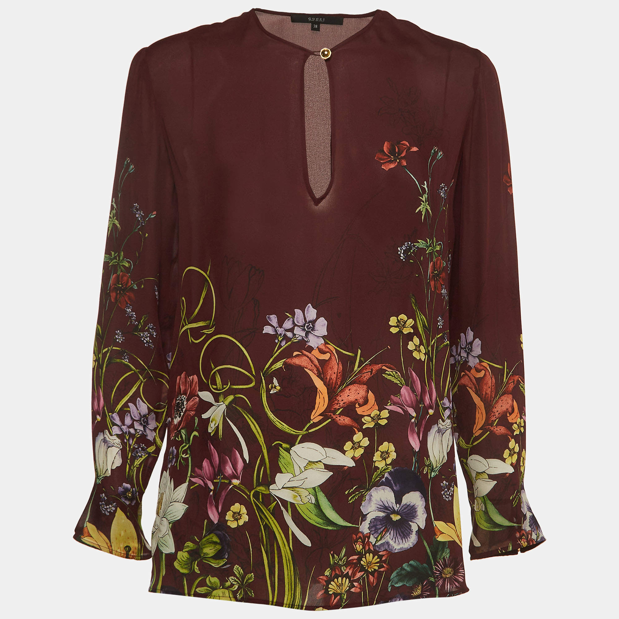 Pre Owned Gucci Burgundy Floral Printed Blouse S