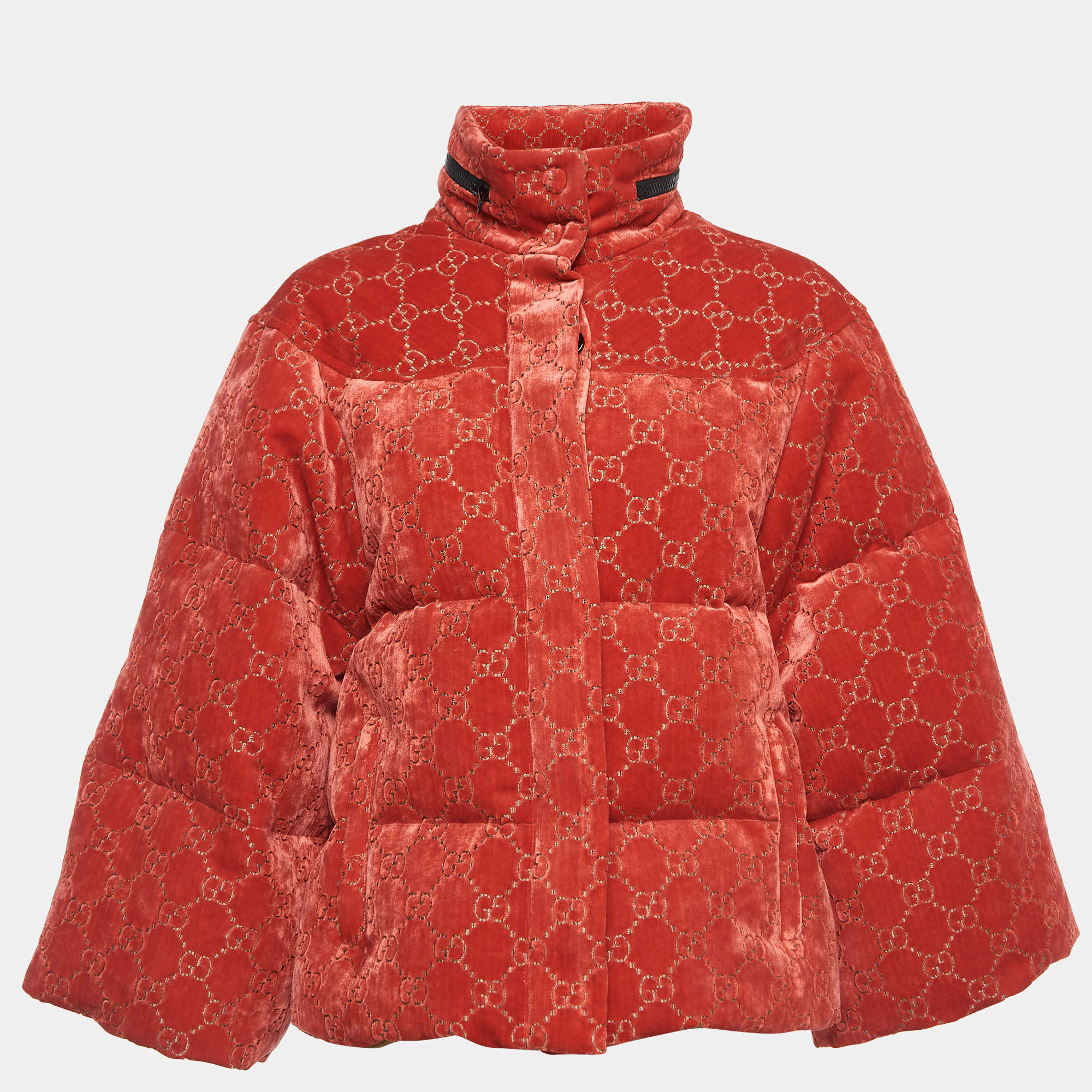 Gucci Red Velvet GG Jacquard Down Jacket M