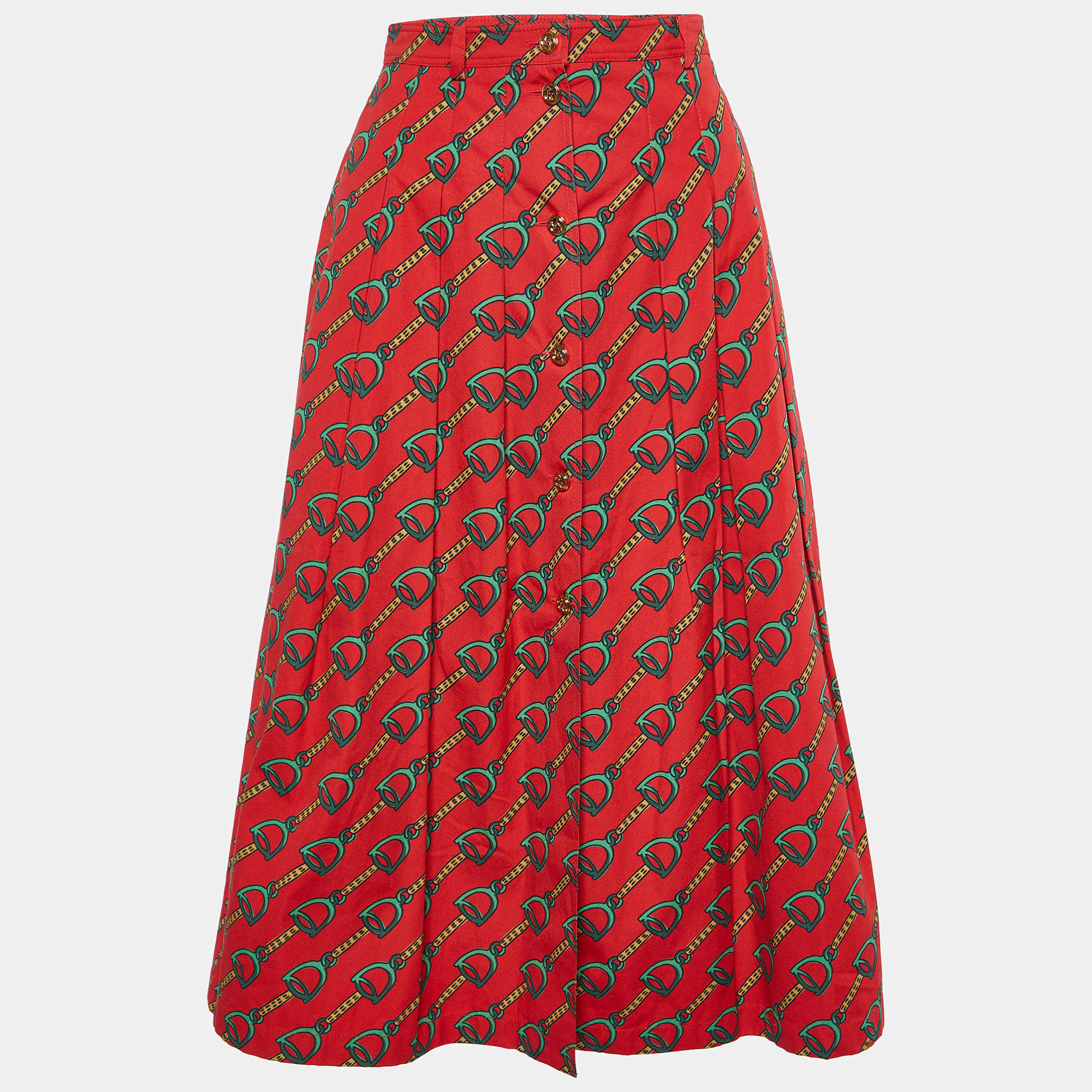 Pre Owned Gucci Red Horsebit Print Cotton Pleated Midi Skirt S