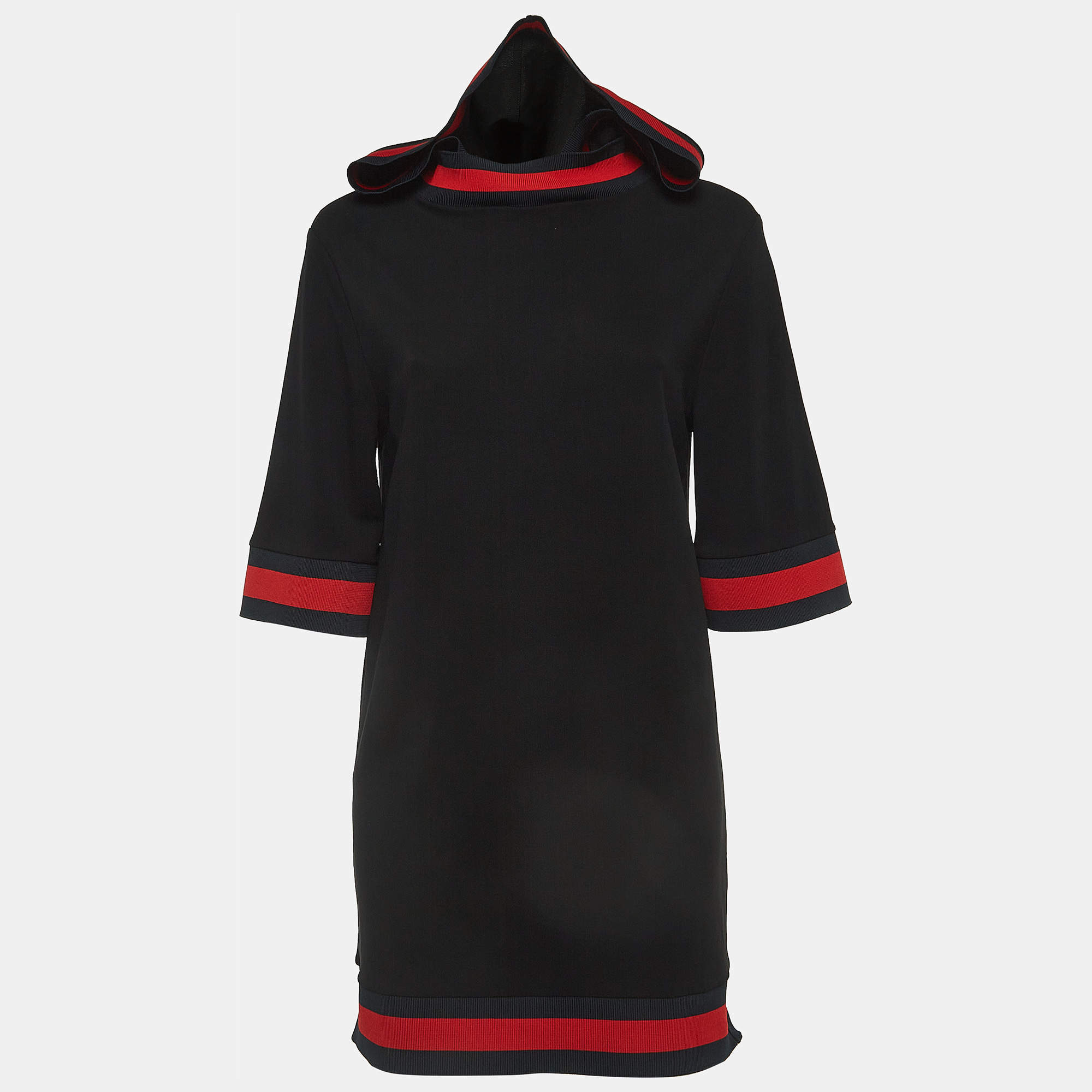 Gucci Black Jersey Web Trimmed Hooded Dress S
