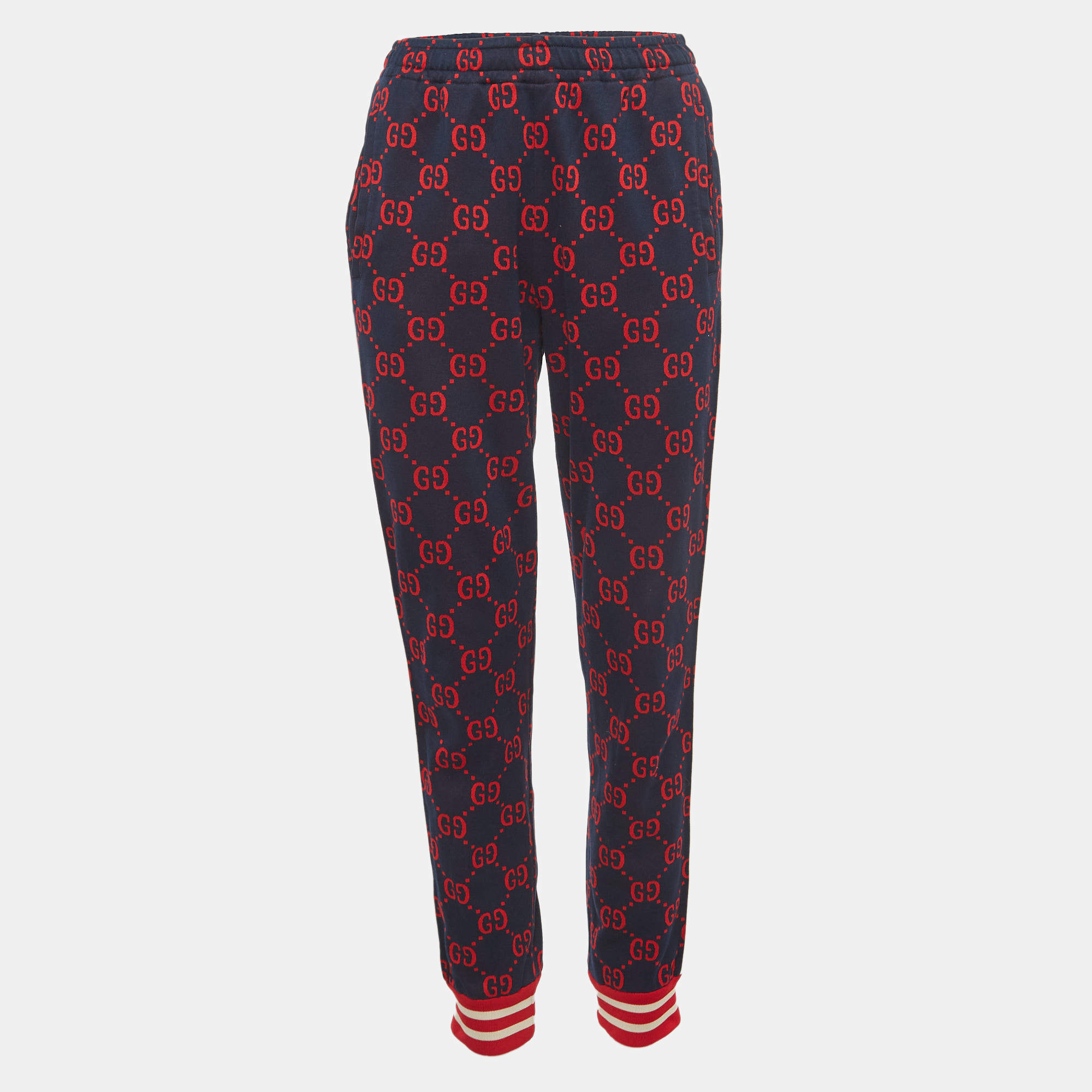 Pre Owned Gucci Navy Blue GG Patterned Cotton Drawstring Joggers S