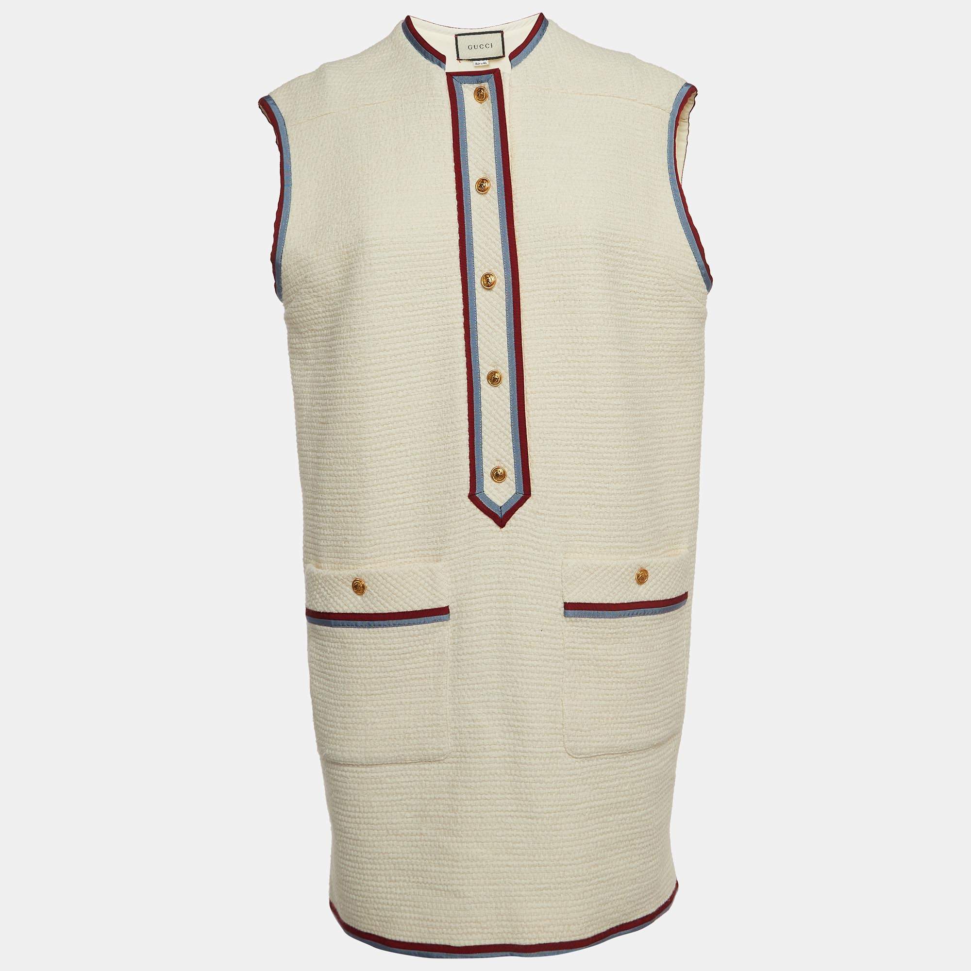 Pre Owned Gucci Cream Wool Blend Buttoned Sleeveless Mini Dress M