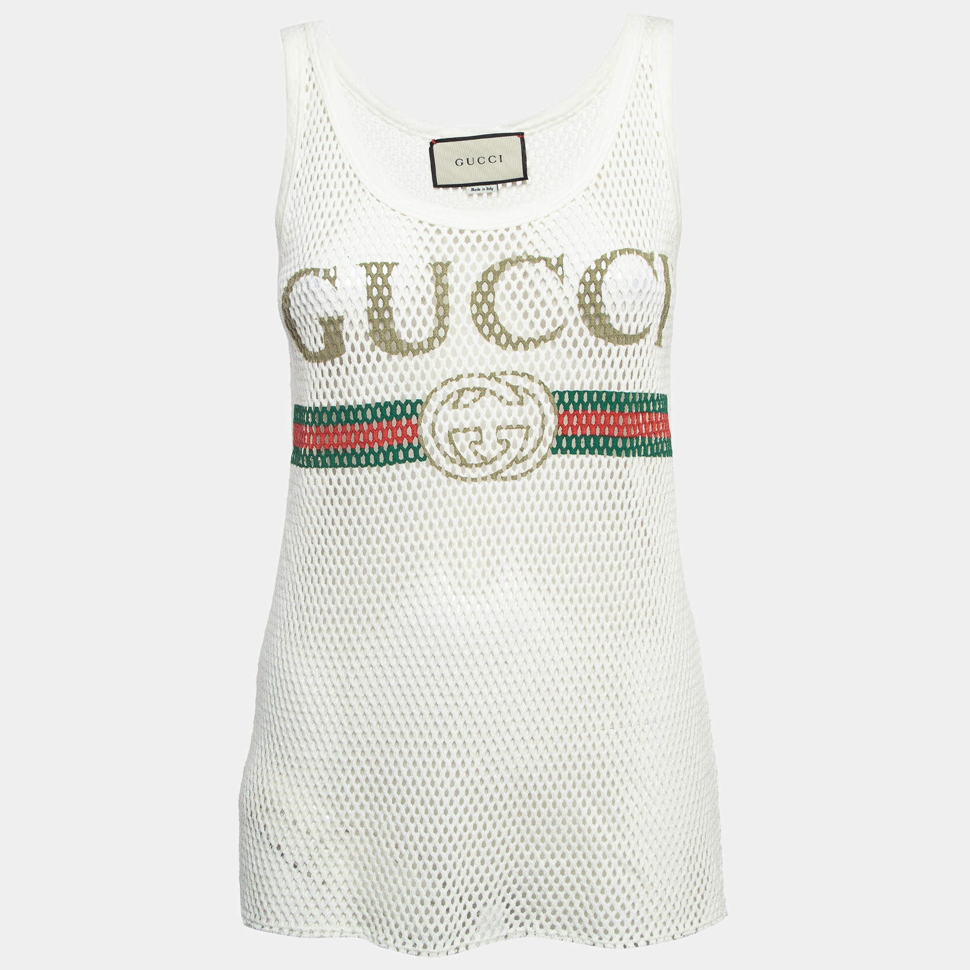 Pre Owned Gucci White Logo Patterned Knit Tank Top S