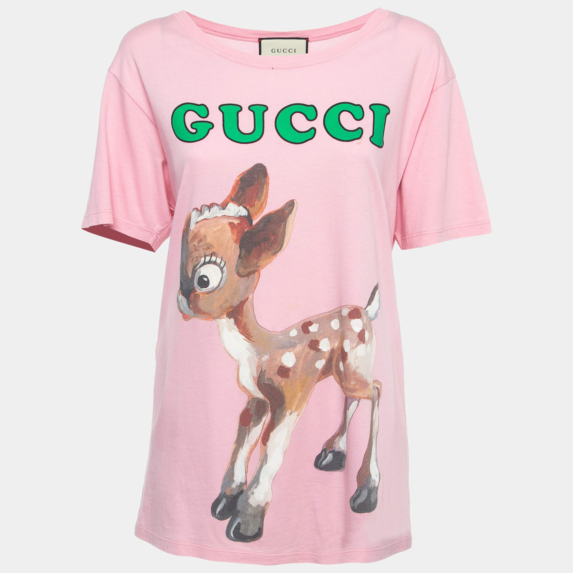 Pre Owned Gucci Pink Logo Deer Print Cotton Half Sleeve T-Shirt S