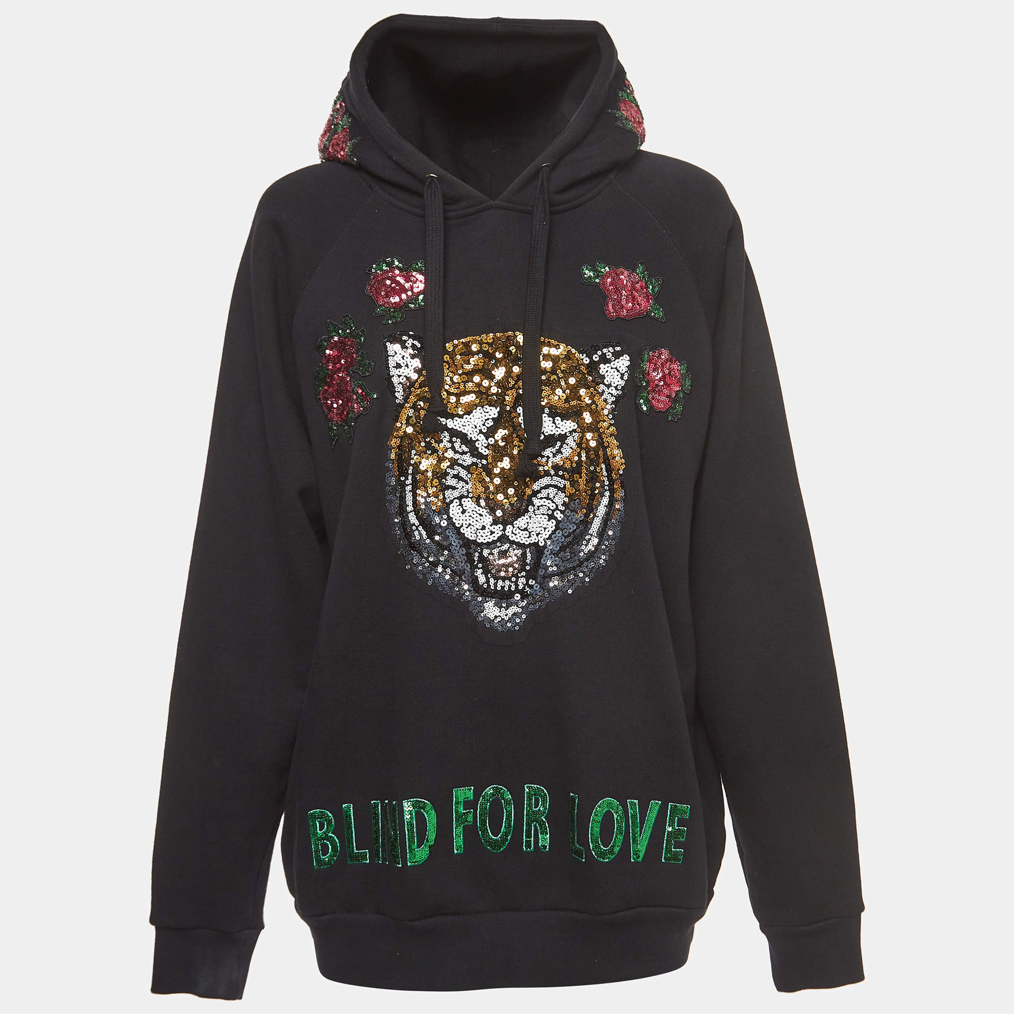 Pre Owned Gucci Black Cotton Knit Embroidered Hooded Sweatshirt M