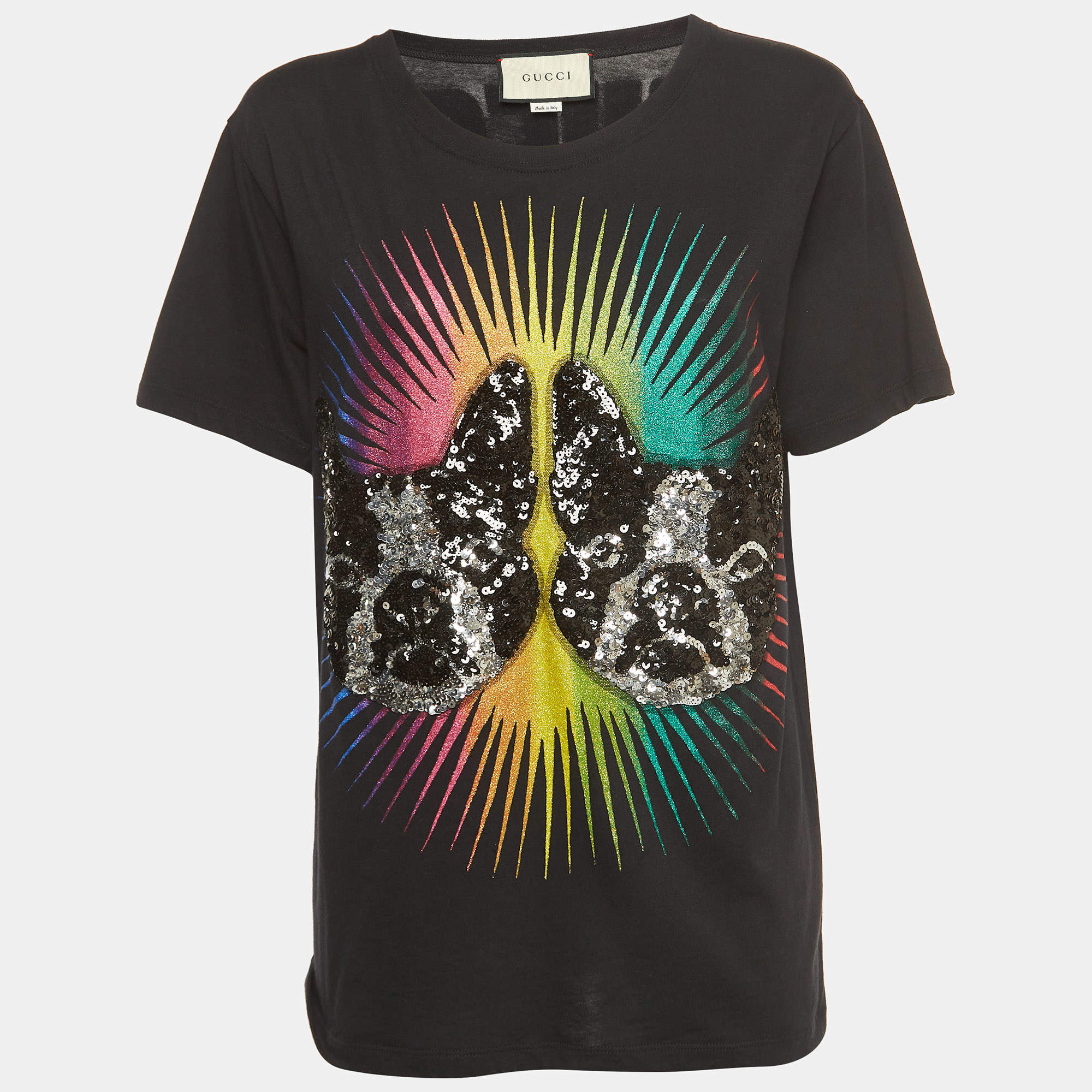 Pre Owned Gucci Black Cotton Sequined Dog Print T-Shirt XS