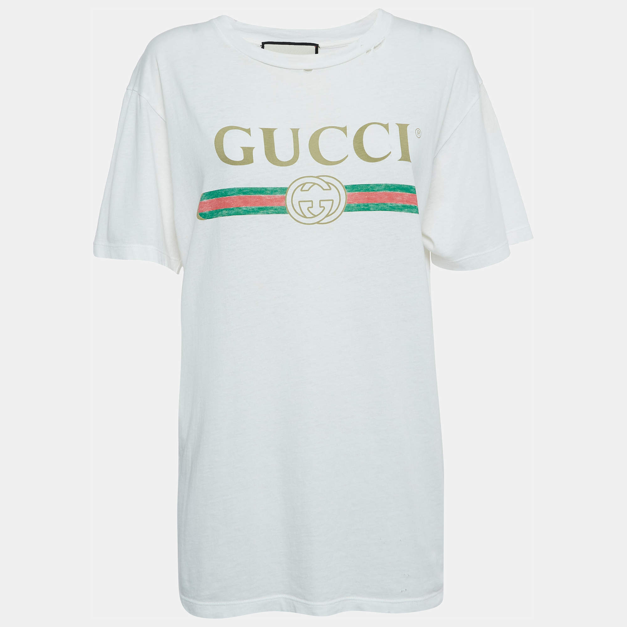 Pre Owned Gucci White Distressed Cotton Logo Print T-Shirt XS