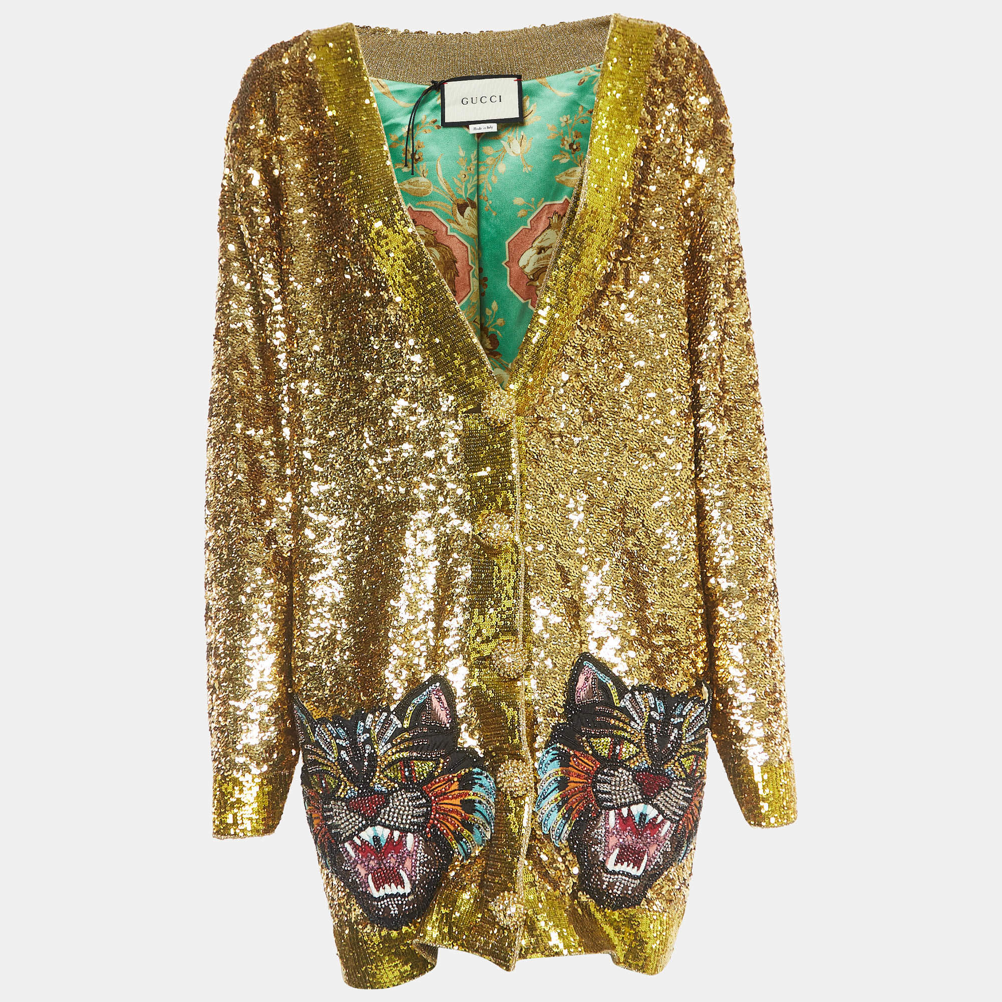 Pre Owned Gucci Gold Sequined Wild Cat Applique Reversible Cardigan L