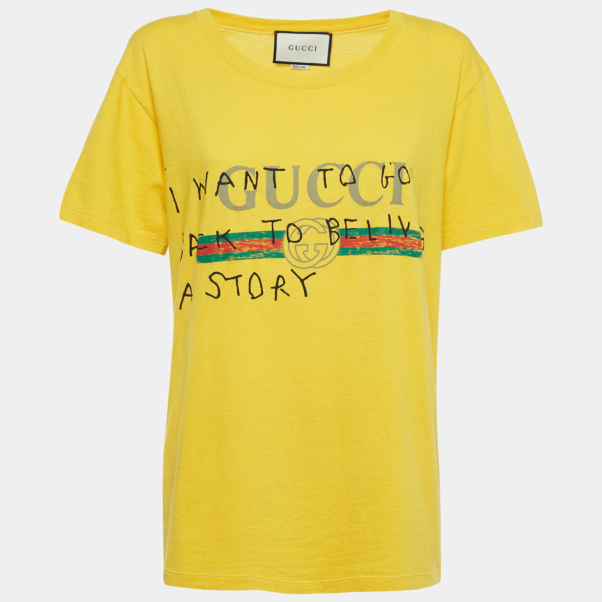 Gucci Yellow Distressed Cotton Graffiti Logo Print T Shirt XS