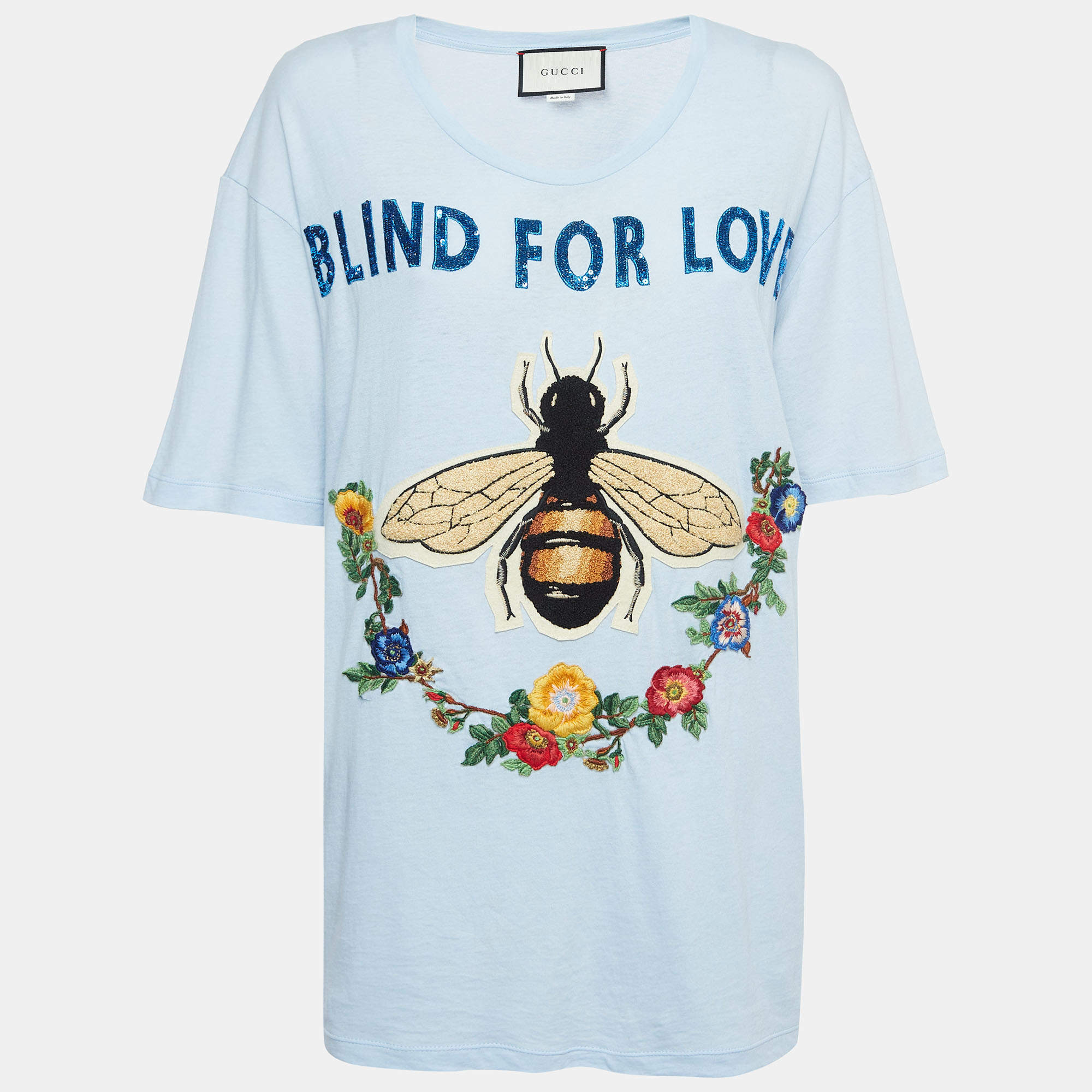Pre Owned Gucci Light Blue Bee Embroidered Cotton T-Shirt S
