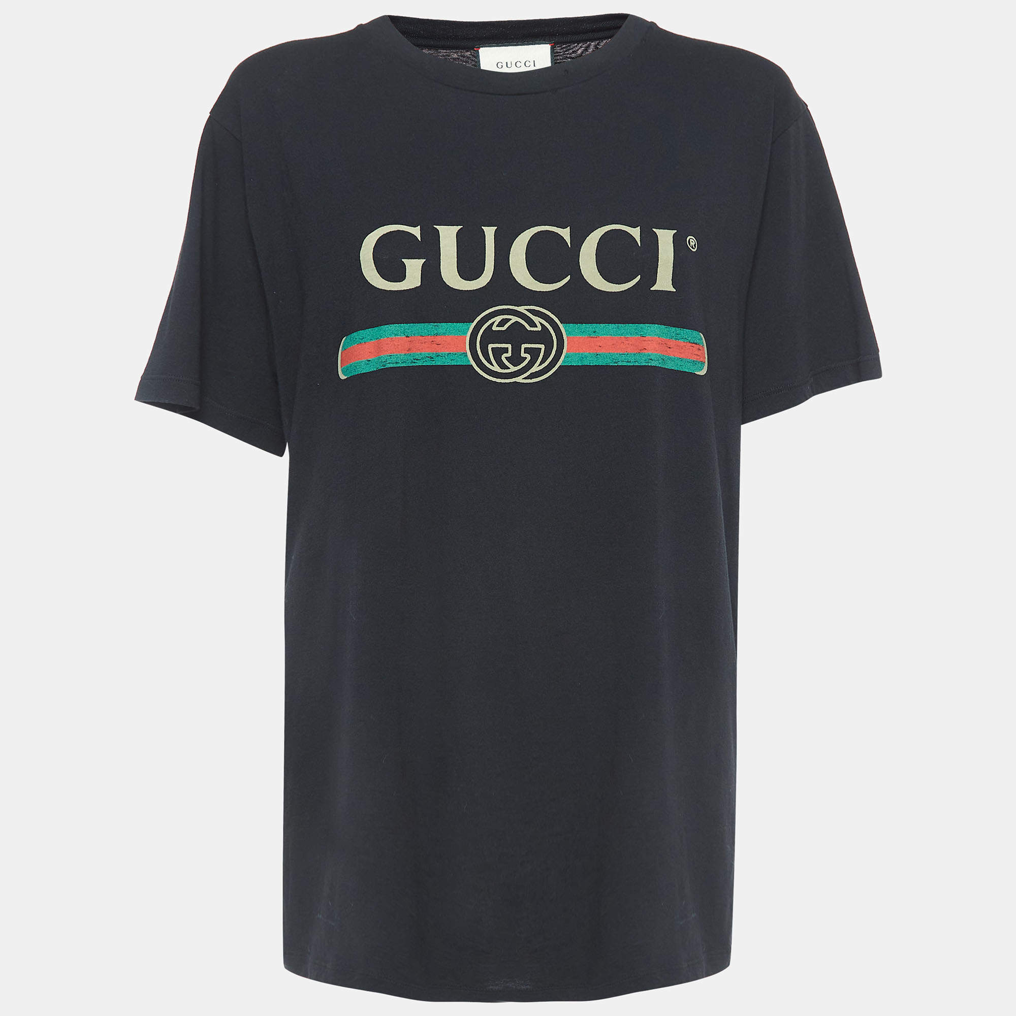 Pre Owned Gucci Black Logo Printed Cotton T-Shirt S