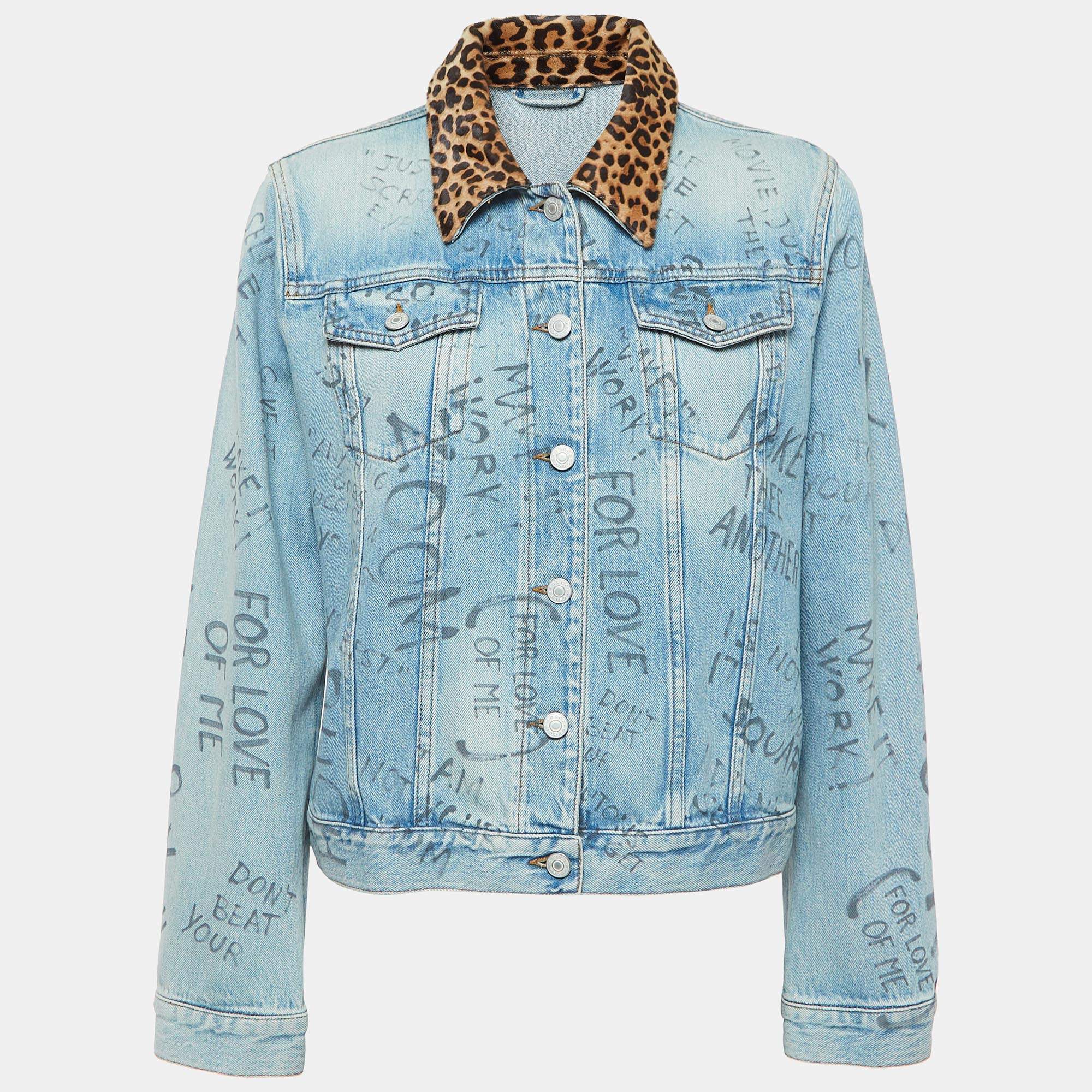 Pre Owned Gucci Blue Printed Cow Fur Trimmed Denim Jacket L