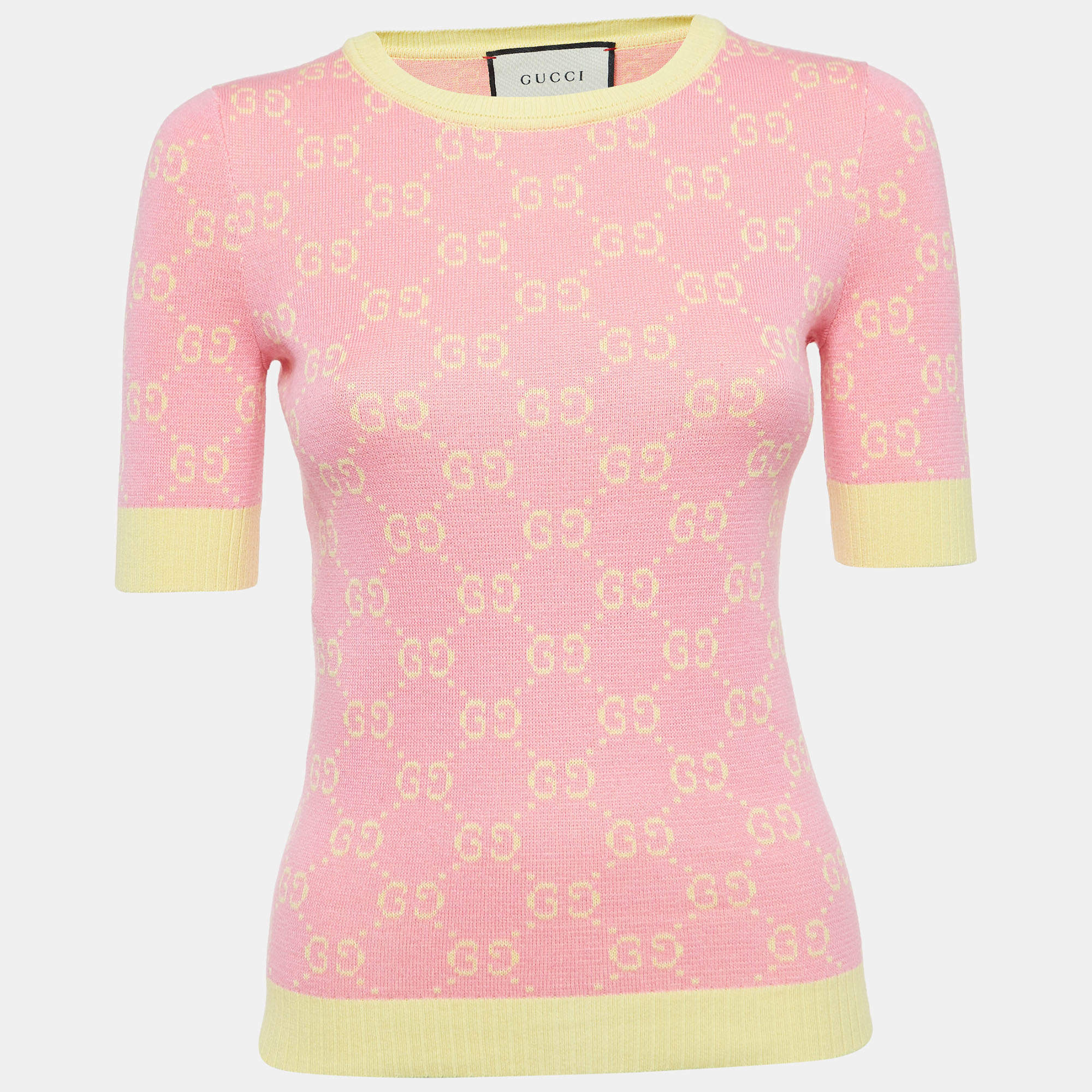 Gucci Pink/Yellow Logo Jacquard Knit Top XXS