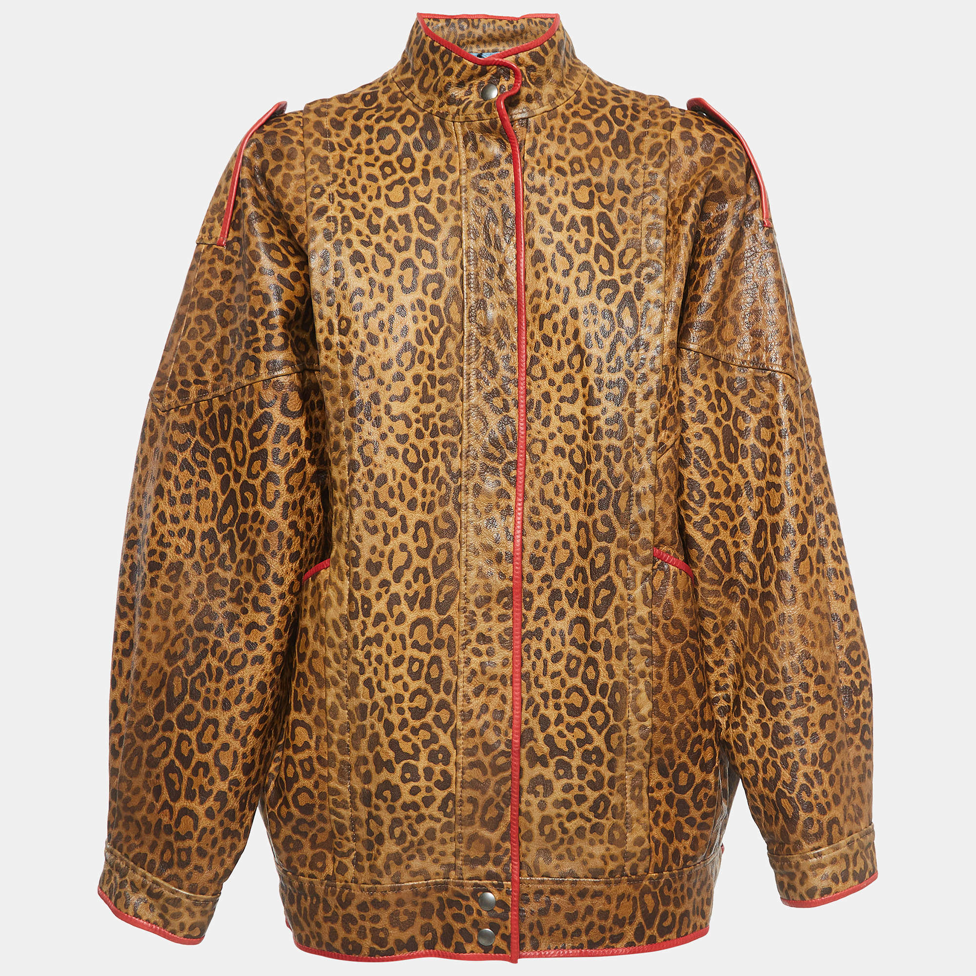 Pre Owned Gucci Brown Leopard Print Leather Jacket M