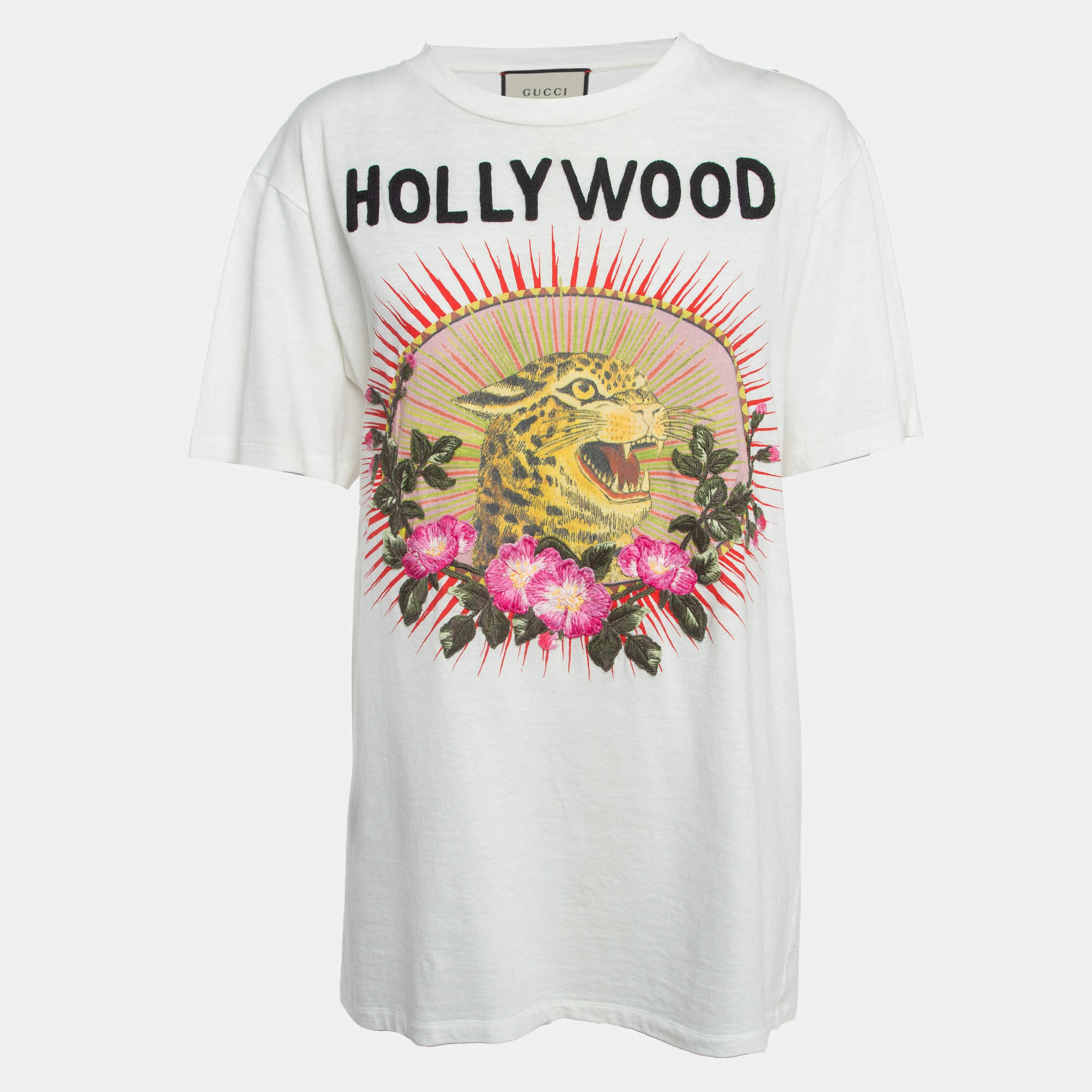 Gucci White Printed Cotton Applique Detail T-Shirt S