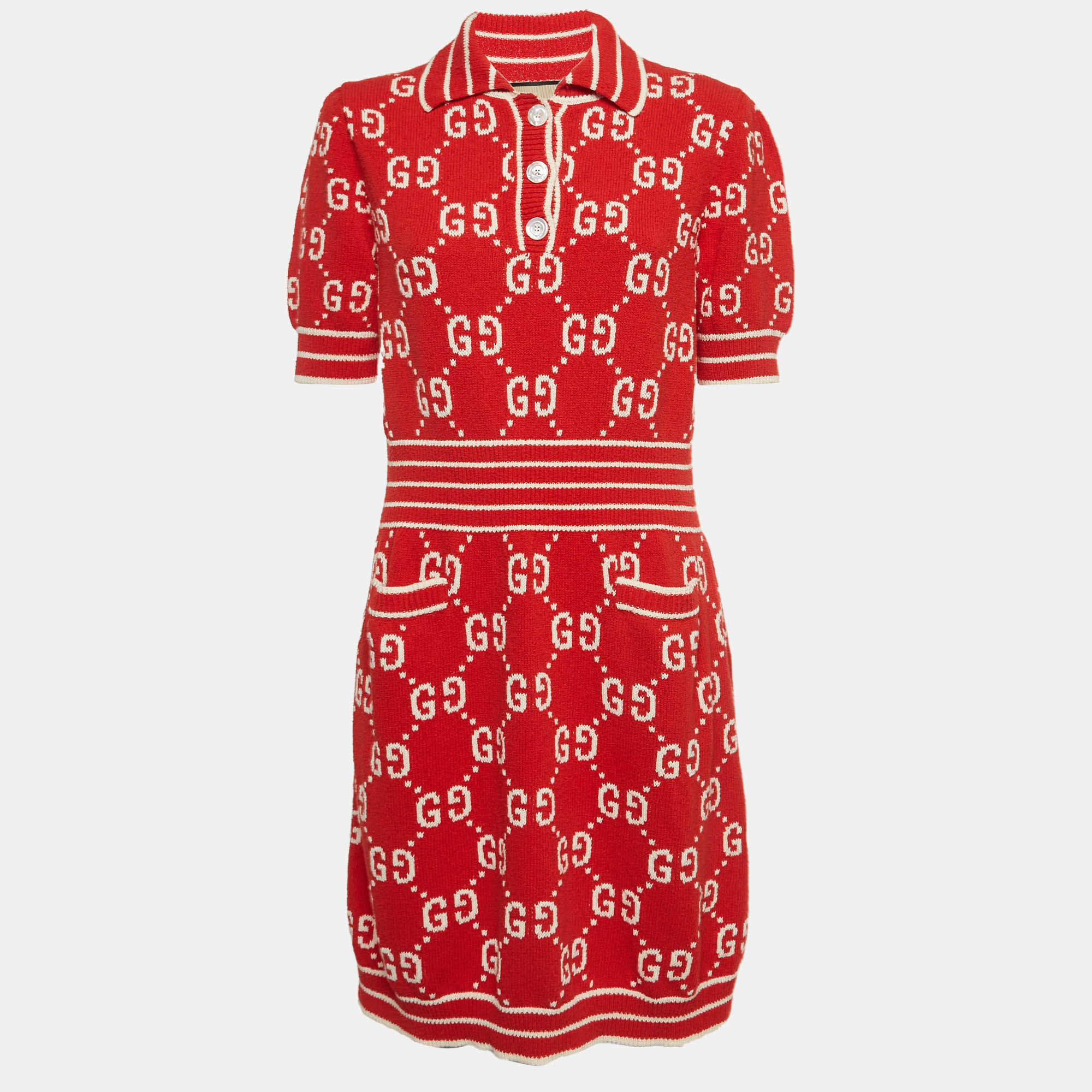 Pre Owned Gucci Red GG Jacquard Knit Polo Dress XL
