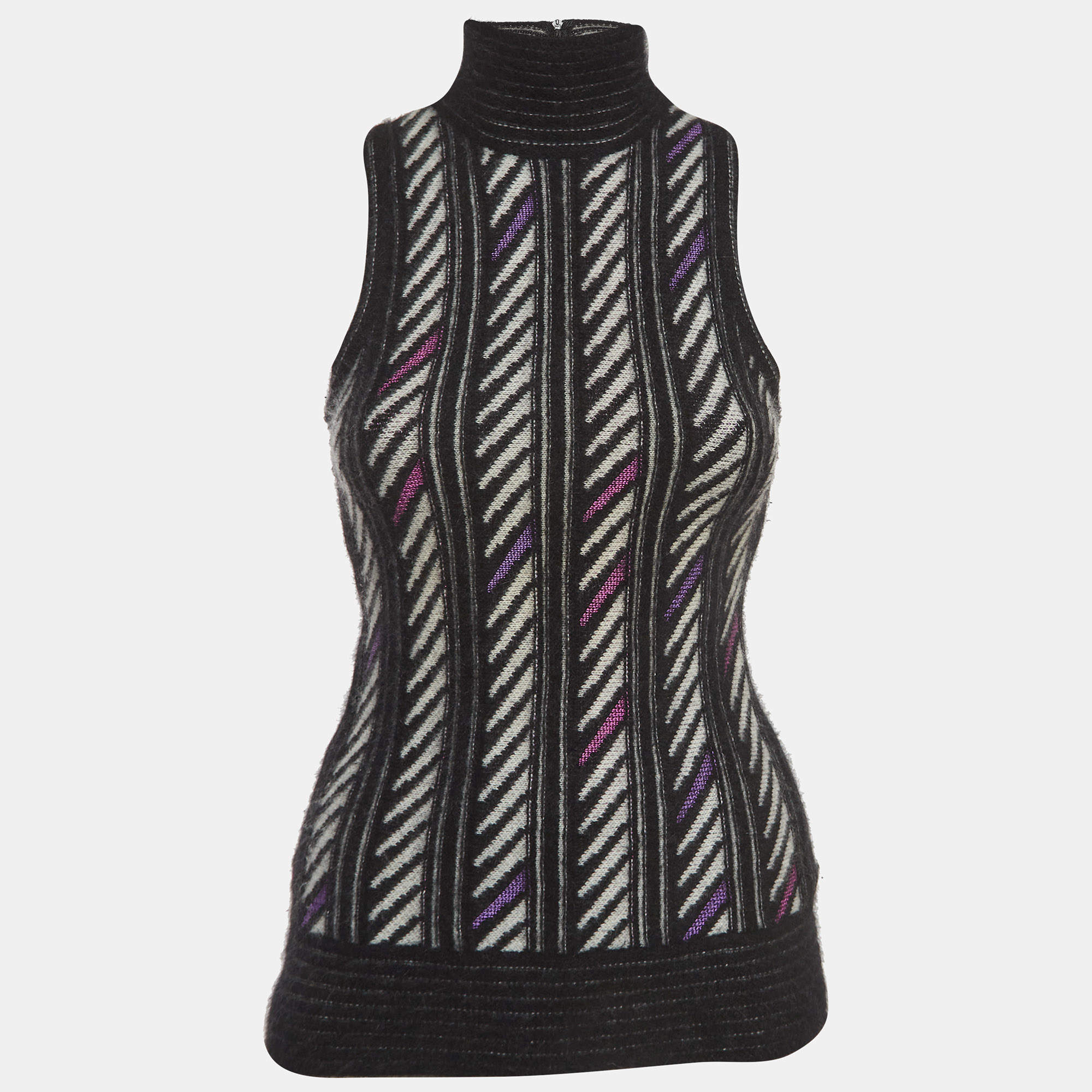 Gucci Black Patterned Cashmere Blend Sleeveless High Neck Sweater Top M