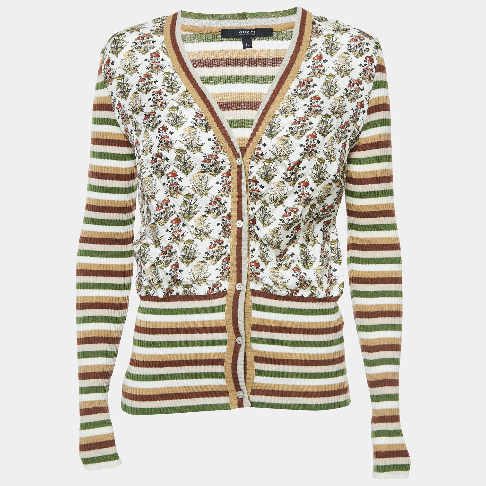 Pre Owned Gucci Multicolor Print Silk and Wool Knit Buttoned Cardigan L