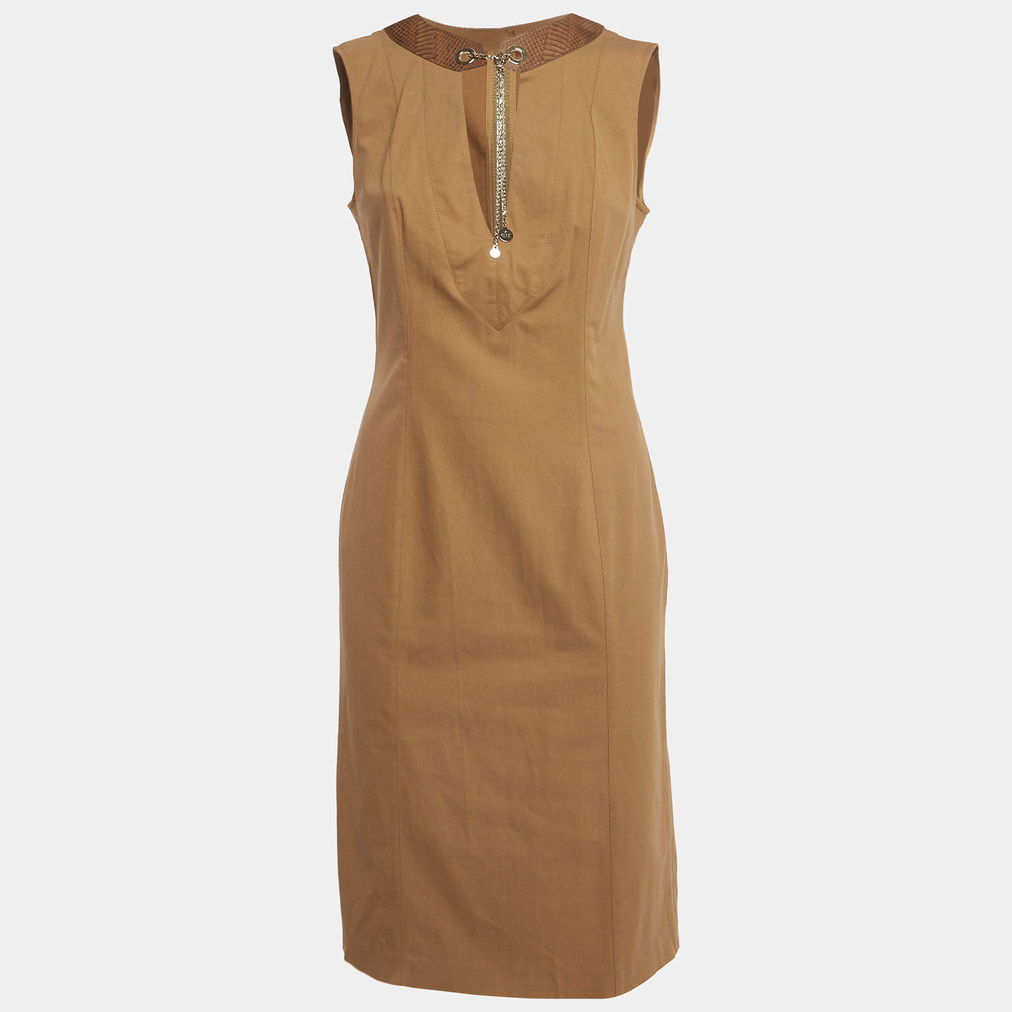 Gucci Brown Cotton Leather Trim Detail A-Line Dress M
