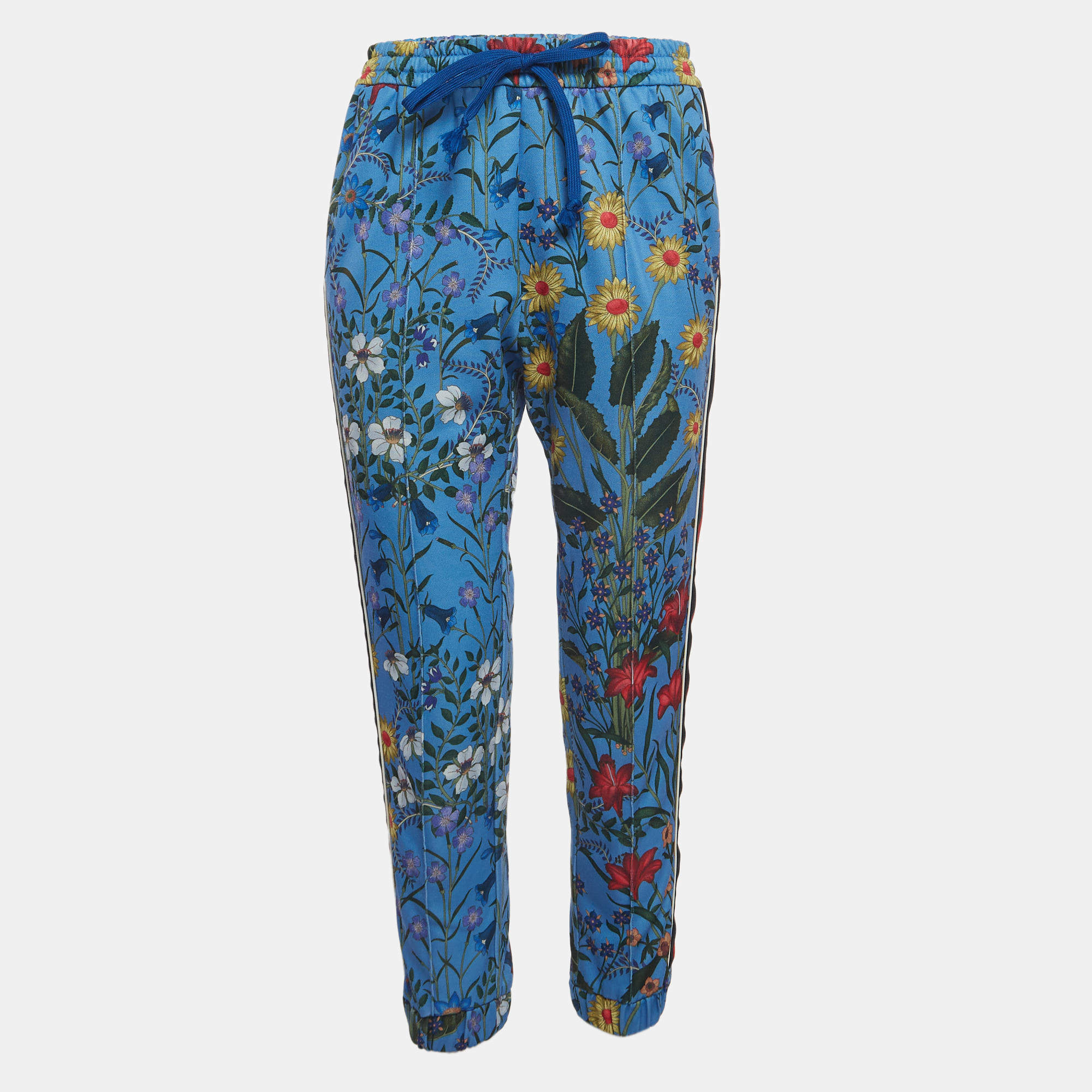 Gucci Blue Floral Print Jersey Side Stripe Joggers S