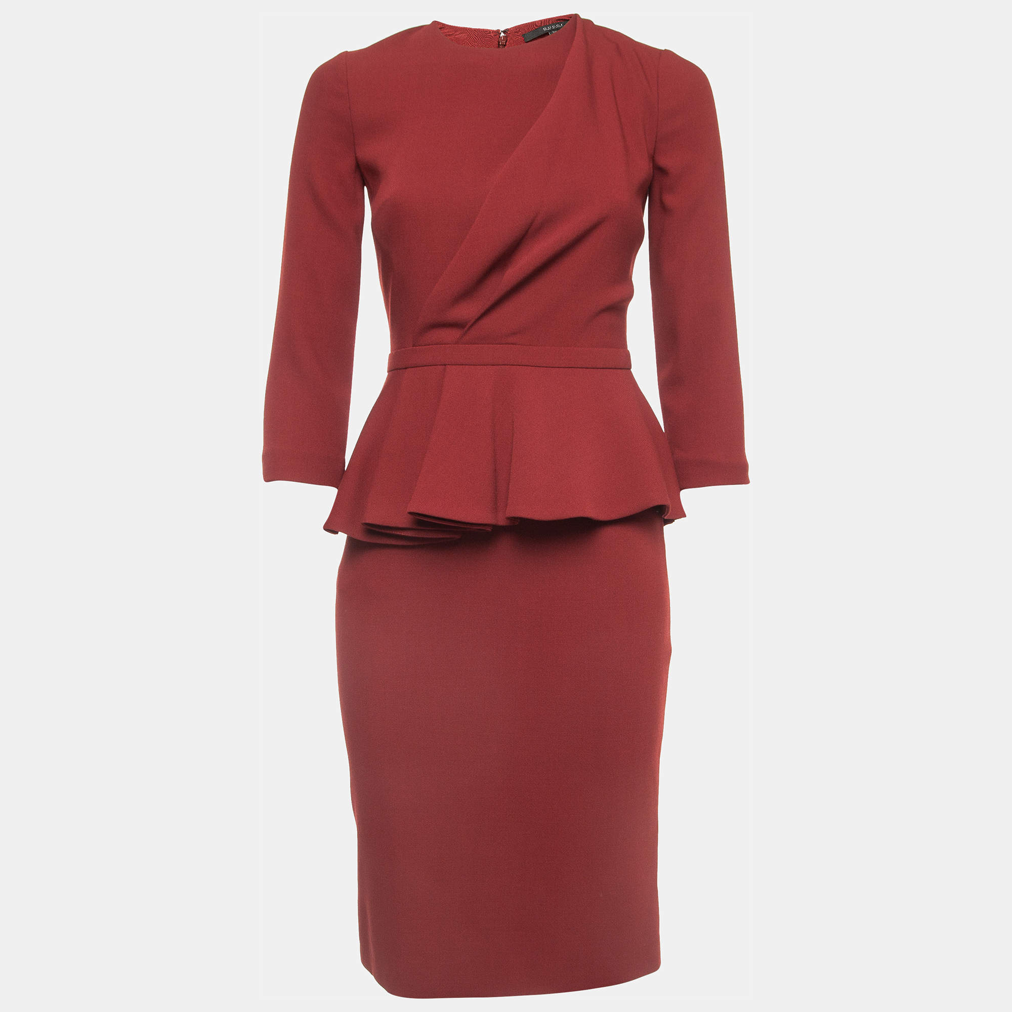 Pre Owned Gucci Red Wool Pleated Peplum Midi Dress S
