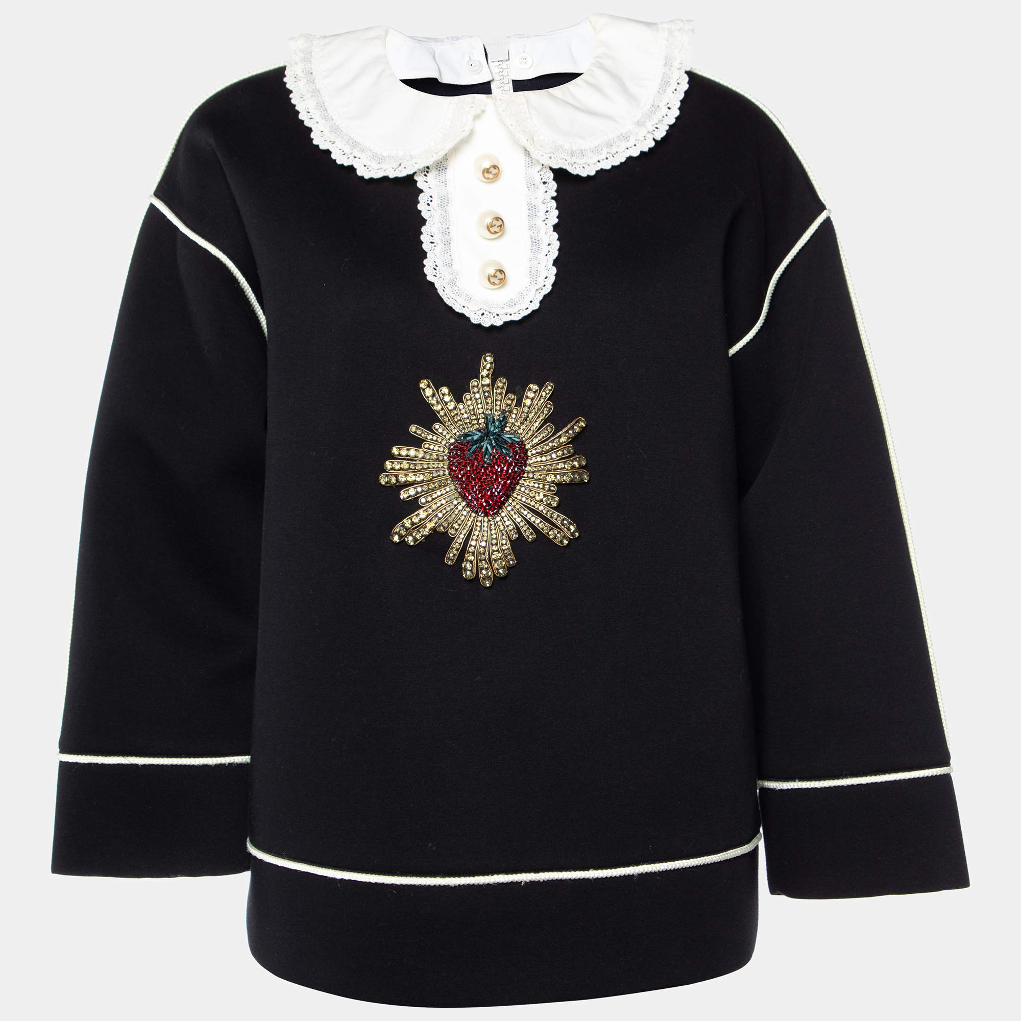 مملوكة مسبقًا Gucci Black Strawberry Embellished Fleece Cotton Long Sleeve Top M