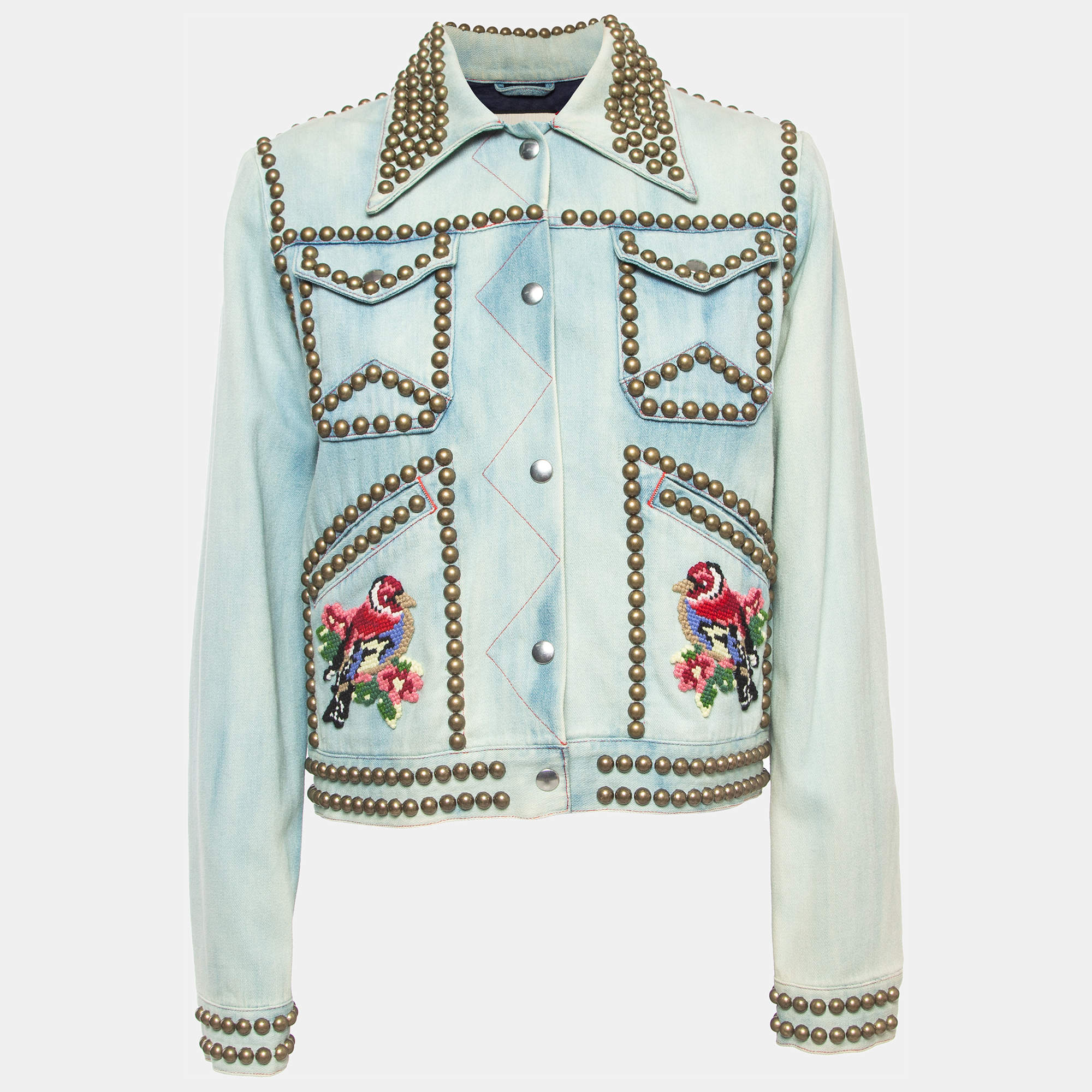 Gucci Blue Bird Applique Denim Studded Jacket M