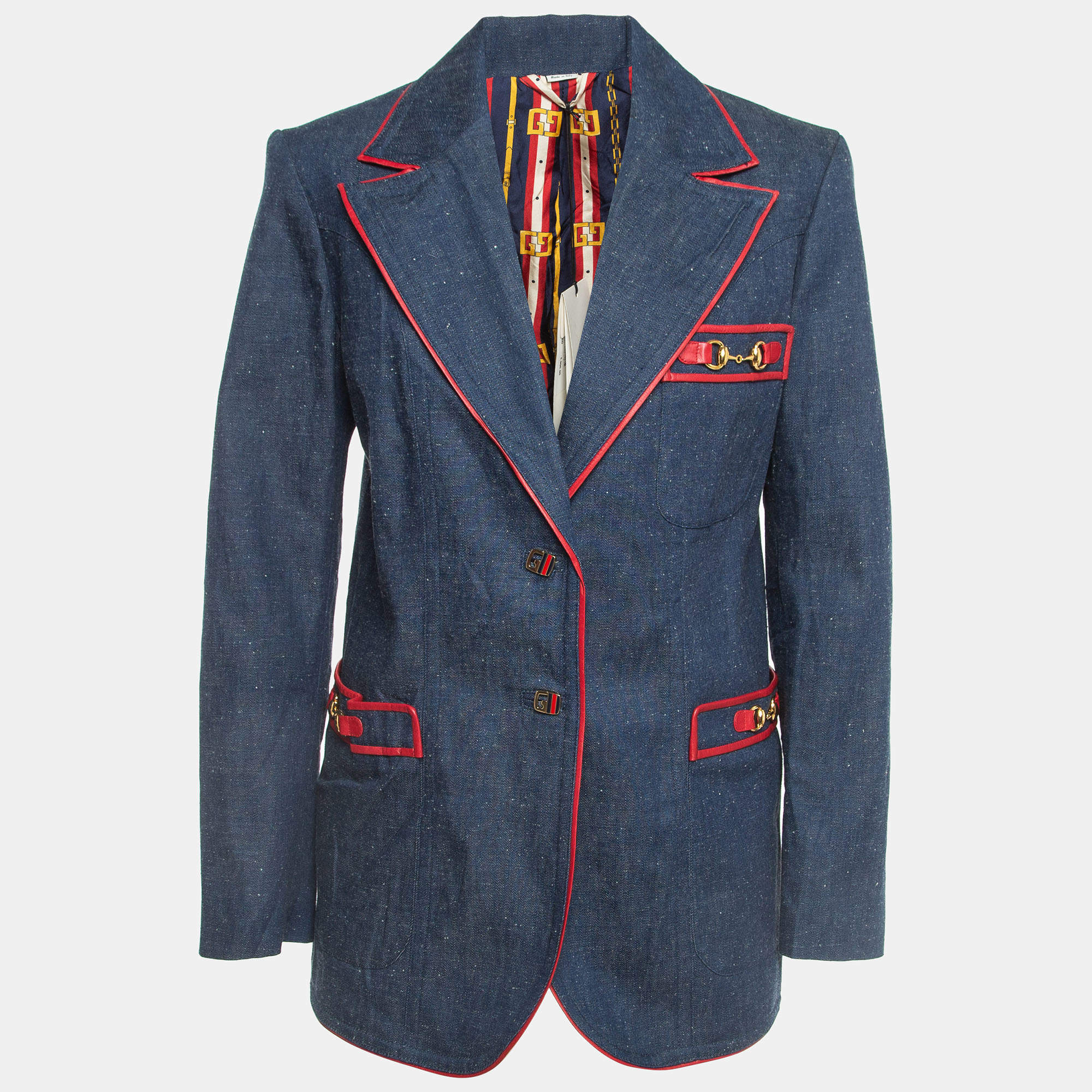 Gucci Blue Leather Trimmed Denim Single Breasted Blazer M