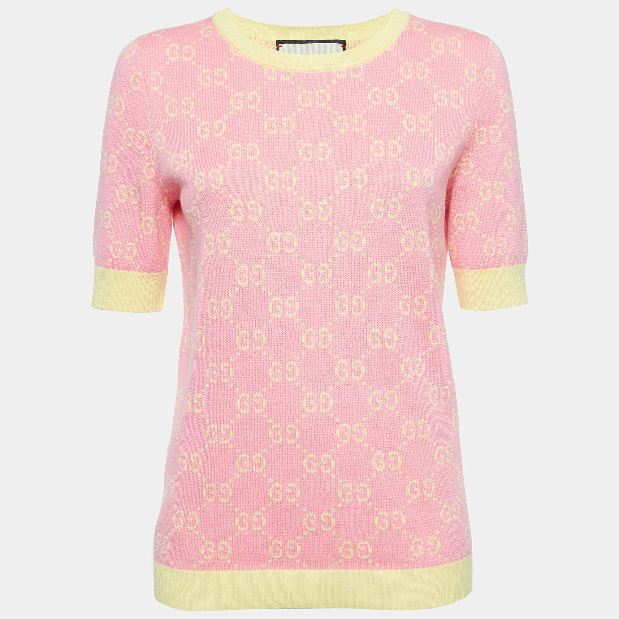 Pre Owned Gucci Pink/Yellow GG Jacquard Knit Cotton Sweater Top L
