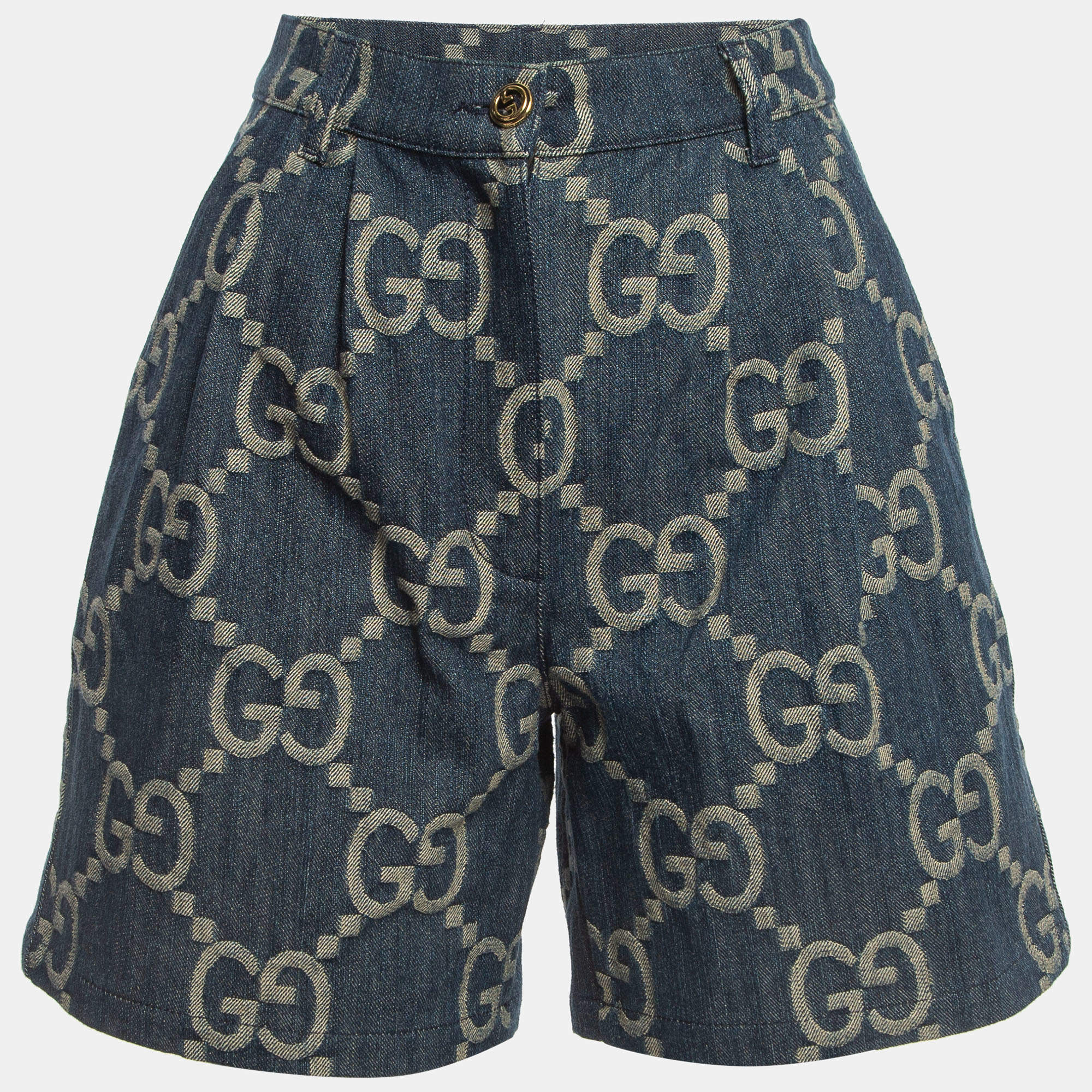 Gucci Dark Blue Jumbo GG Patterned Denim Pleated Shorts S