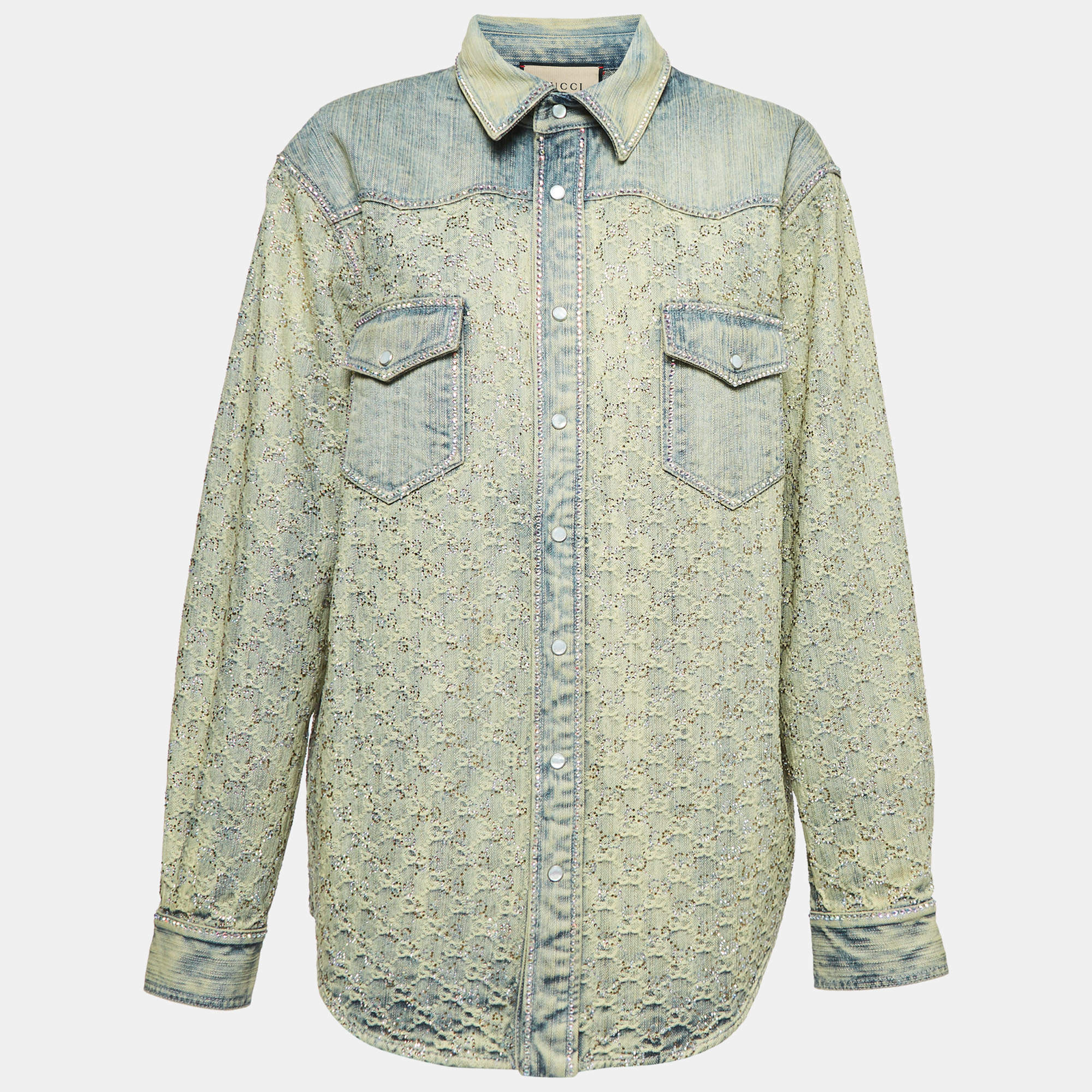 Gucci Blue GG Jacquard Washed Denim Crystal Embellished Shirt XL