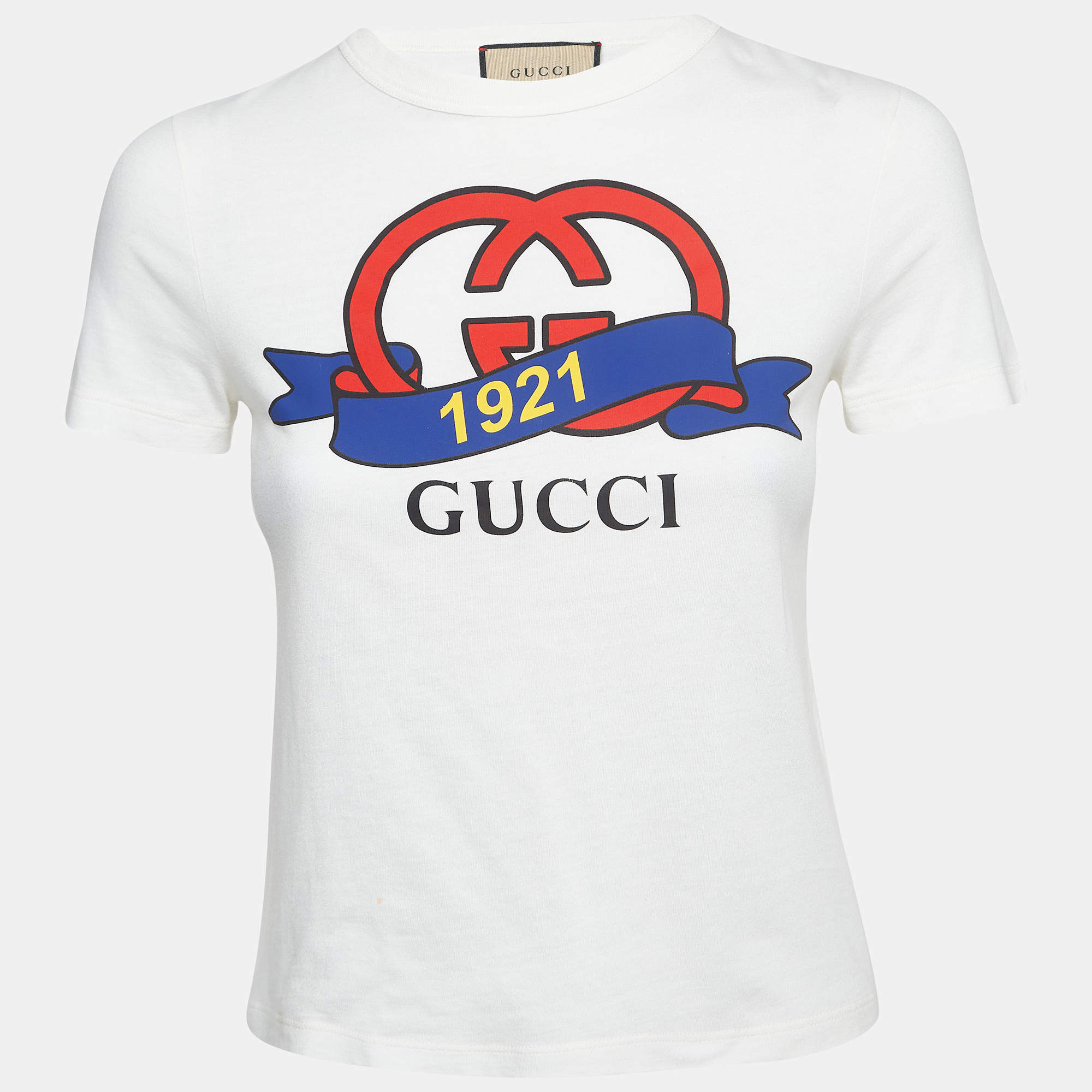 Pre Owned Gucci White Interlocking G Print Cotton Crop T-Shirt XS