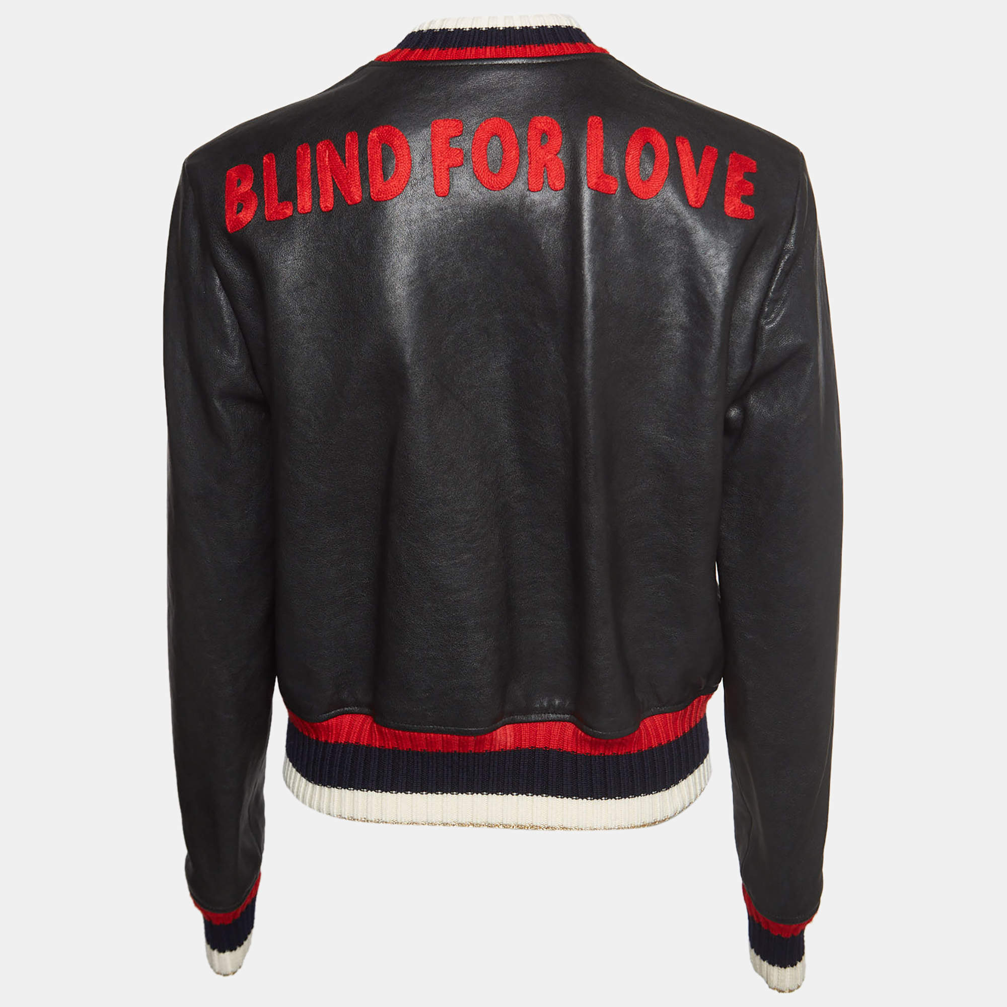 Gucci Black Blind For Love Embroidered Leather Bomber Jacket L