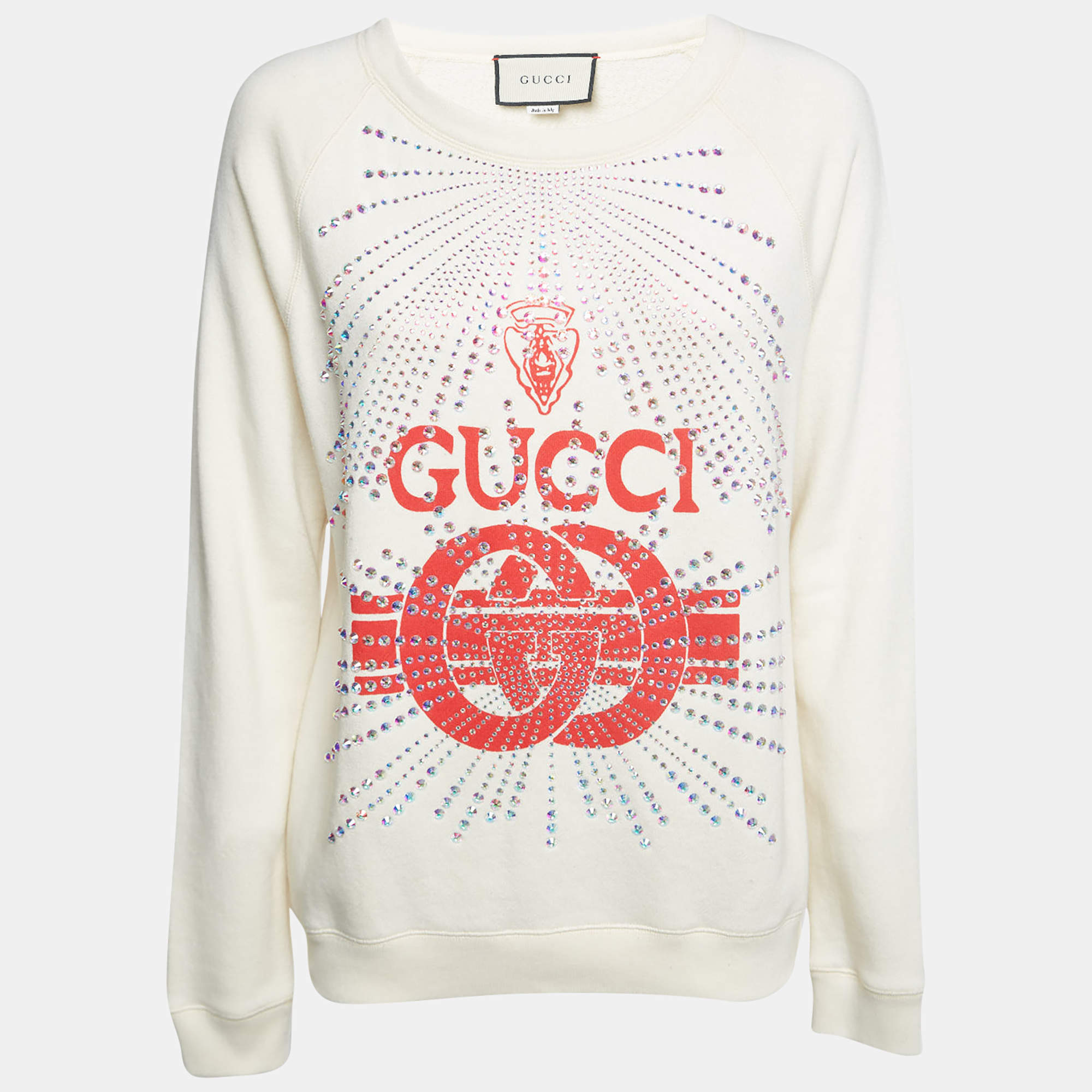 Pre Owned Gucci Cream GG Print Cotton Crystal Embellished Sweatshirt M