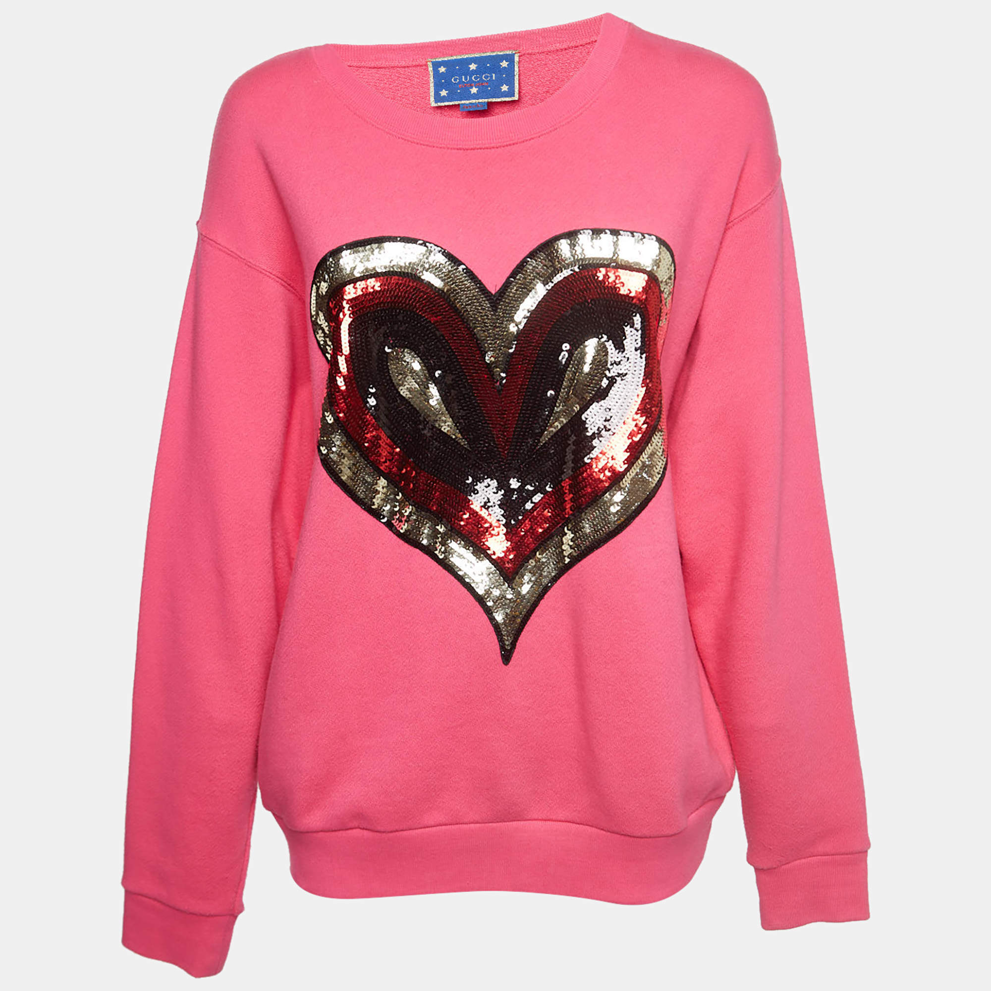 Pre Owned Gucci X Elton John Pink Heart Sequin Embellished Cotton Sweatshirt S