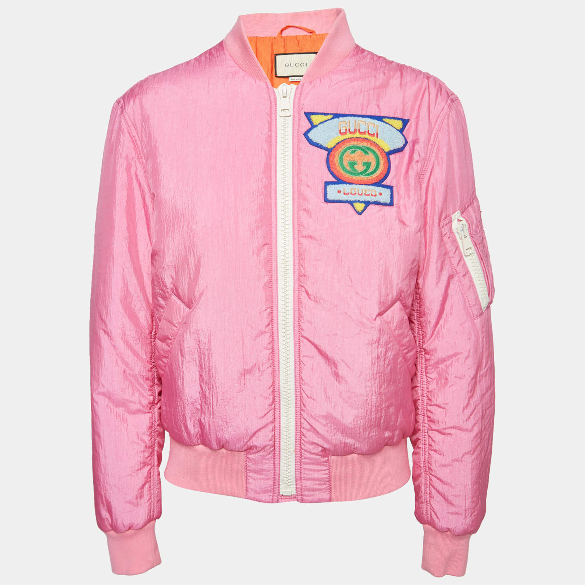 Gucci Pink Nylon Applique Detail Bomber Jacket S